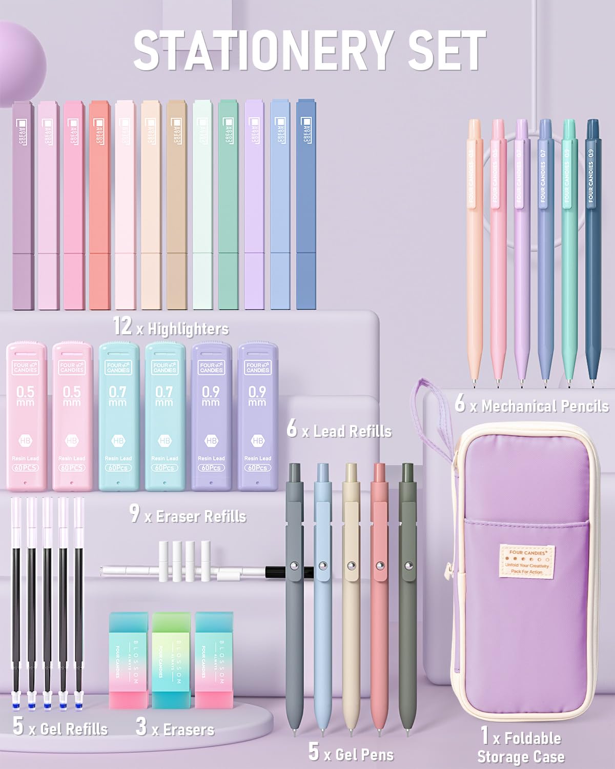 Four Candies 39PCS Cute Aesthetic School Supplies with Pen Case, Stationery Set for College & Nursing School Essentials, 12 Highlighters, 5 Gel Pens, 6 Mechanical Pencils, Purple