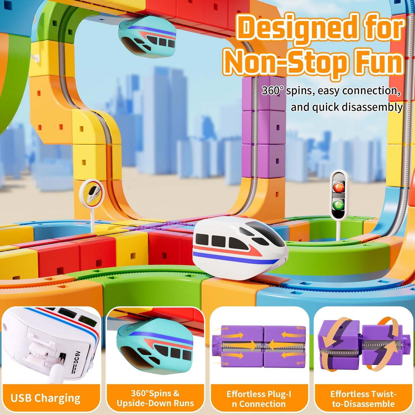 KlickRail Electric Train Set Flexible Race Track for 3 4 5 6 7 8 years old boys and girls, Building Toy Train Track Gravity-Defying 3D Embedded Layouts & Motorized Car, STEM Gift(Deluxe Set(88 Piece))