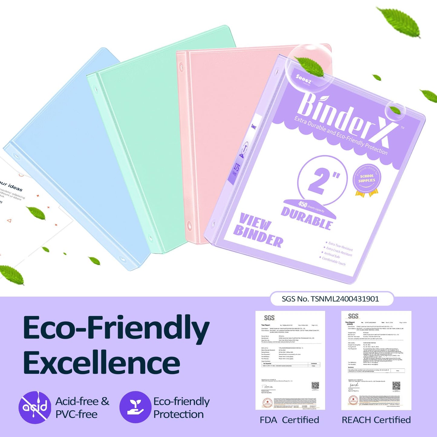 4 Pack Extra Durable 3 Ring Binders 2 Inch, Sooez 2” Three Ring Binder, Eco-Friendly & PVC Free, Customizable Clear View Cover for Letter Size 8.5 x 11 Paper, Pastels School Office Supplies for Girl