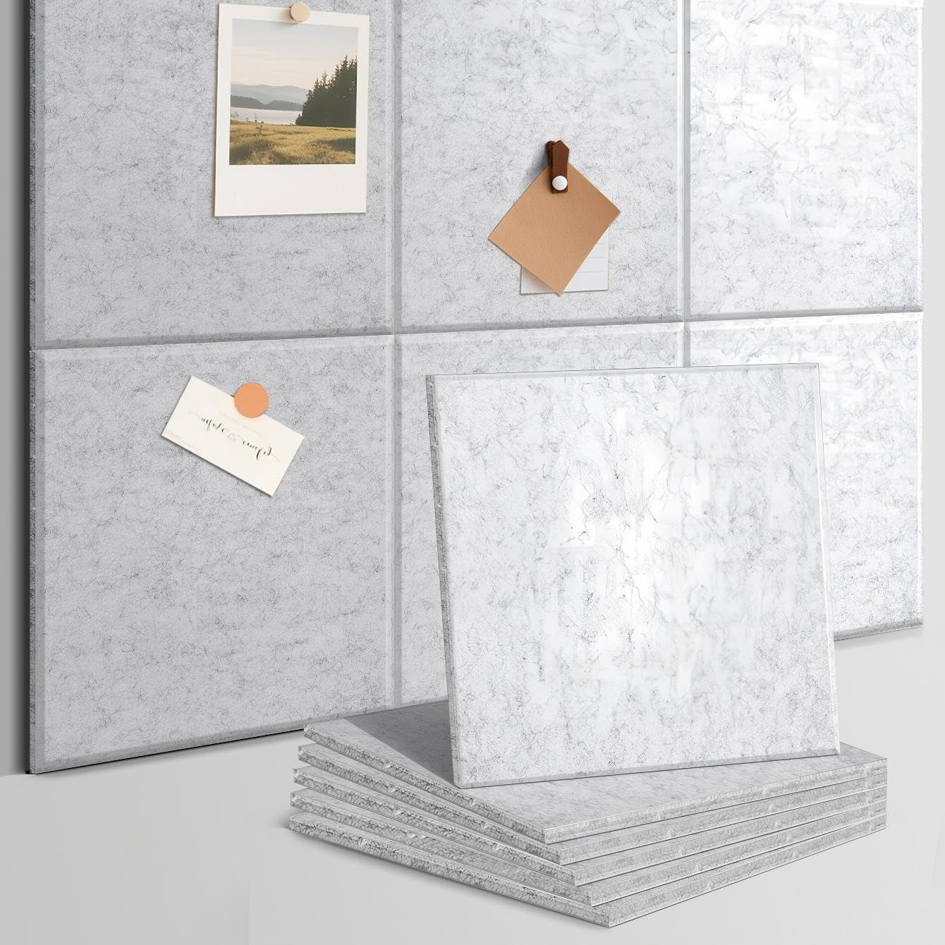 Chejiaye Vision Board for Photo&Pictures,Felt Message Wall Panel 6Pcs11.8"x11.8"Self-Adhesive,Removable Cork Board Bulletion&Poster Board for Office Classroom Decor Hanging File Folders,Silver Gray