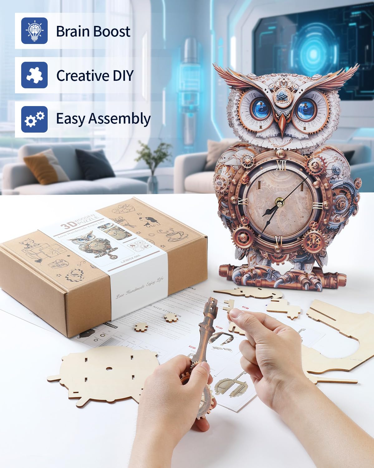 Rnfinewow 3D Wooden Puzzles for Adults, 3D Puzzle Owl Clock Kit (with Pendulum), Mechanical Owl 3D Puzzles for Adults Home Decor DIY Clock Puzzle Gifts for Women Men