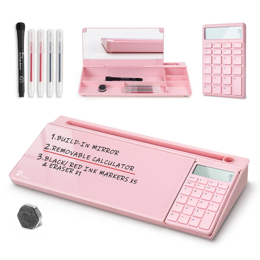 TOWON Desk Dry Erase Board with Detachable Calculator, Small Glass Desktop Whiteboard, Desktop whiteboard - Glass Dry Erase White Board- Desk Computer Buddy for Home Office Supply, Pink, 17 x 6 in