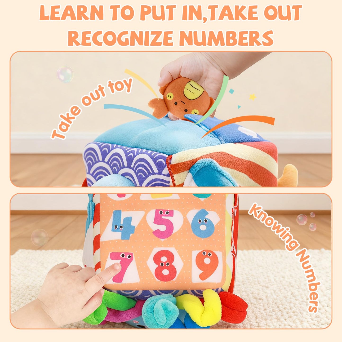 SAIMAND Baby Toys 6-12 Months–Mystery Soft Box with 5 Plush Marine Animals,Rattle,Crinkle Paper & Mirror–Montessori Sensory Toys for 6 Month Old Babies 1-3 Year Old Boy Girl Birthday