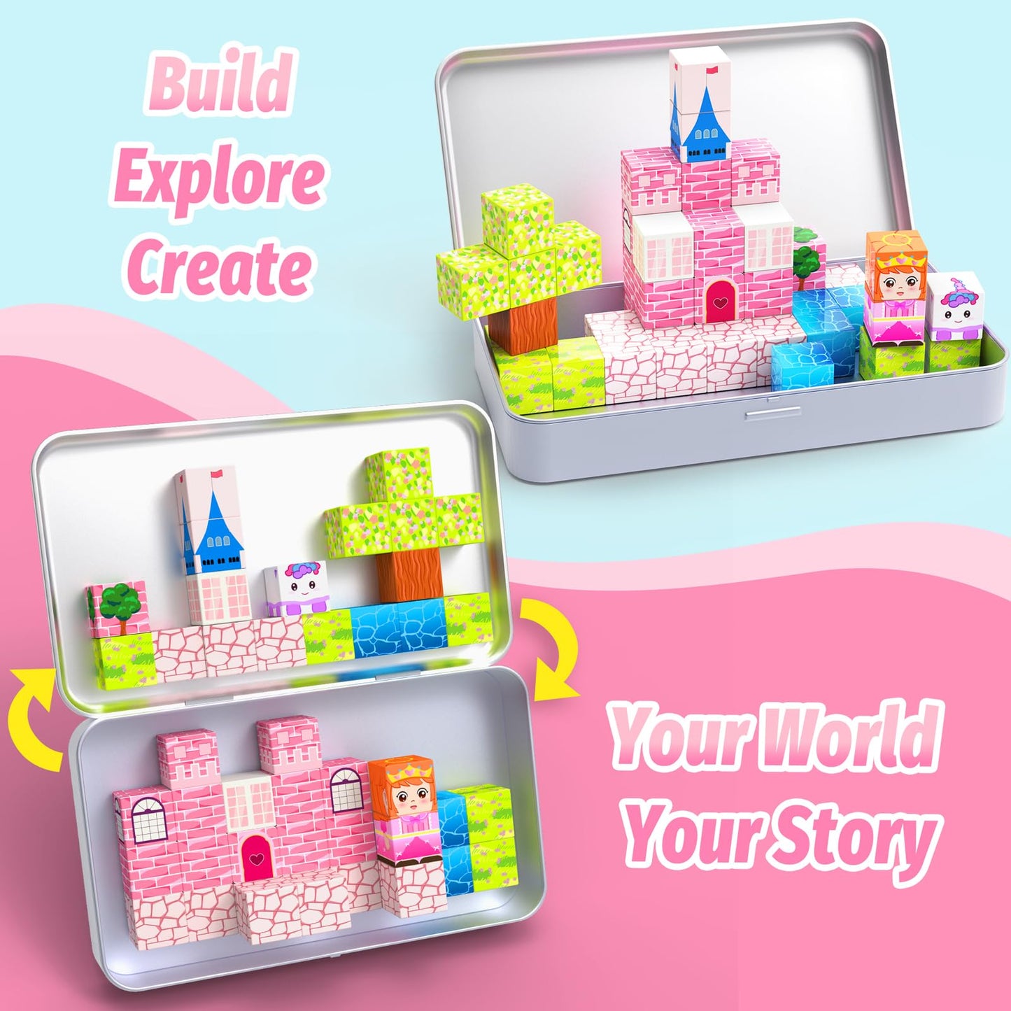 CEMECER Mini Magnetic Blocks for Kids, 45PCS Travel Magnetic Building Block Cubes with Iron Box, Princess Stacking Magnets Toys for Toddlers, Sensory Montessori Construction Toys.