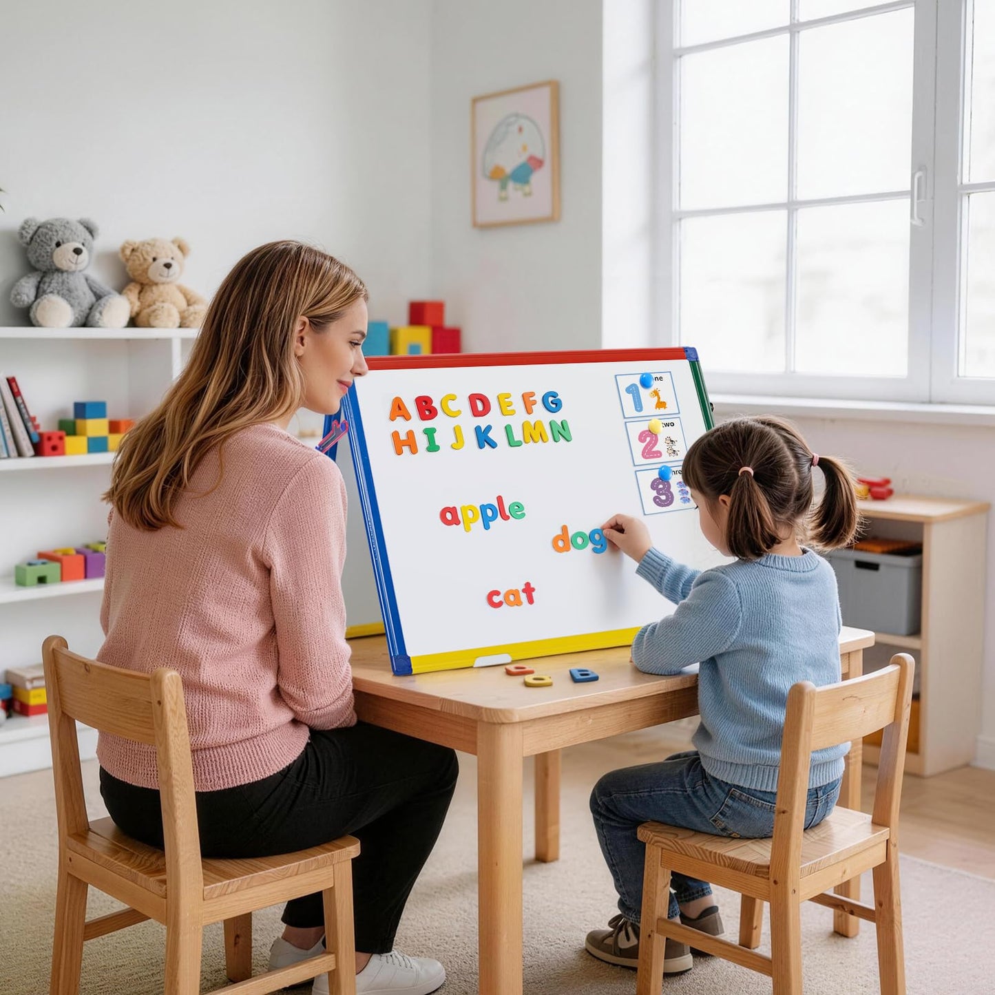 SWANCROWN Magnetic Board for Kids - Tabletop White Board for Children- 24x18 Inch Double Sided Foldable Dry Erase Board Standing with 82Pcs Alphabet Magnets Whiteboard Letters