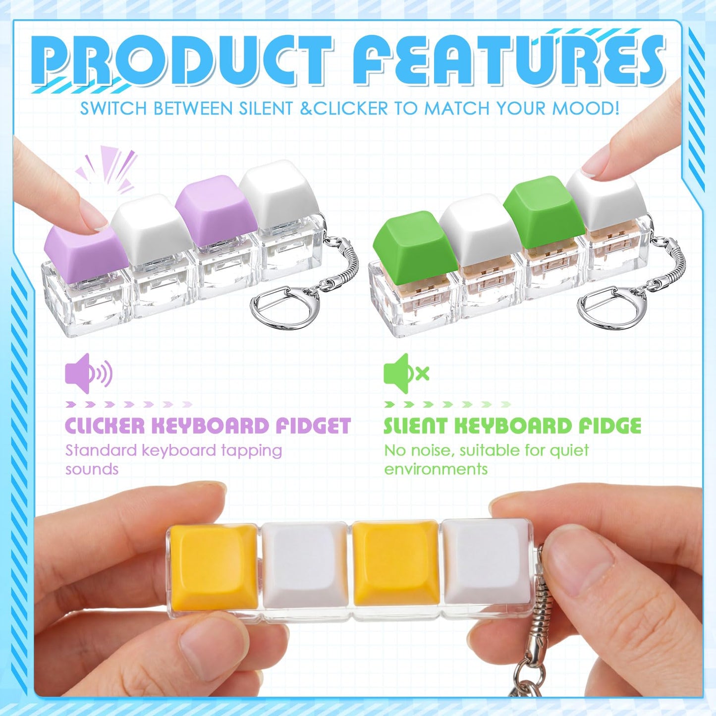 Halloscume 8 Pcs Adult Keyboard Fidget Clicker Toy 4-in-1 Silent and Clicky Keyboard Keychain Cube Mechanical Key Button Clicker Stress Relief Gift for Office School Home to Pass The Time