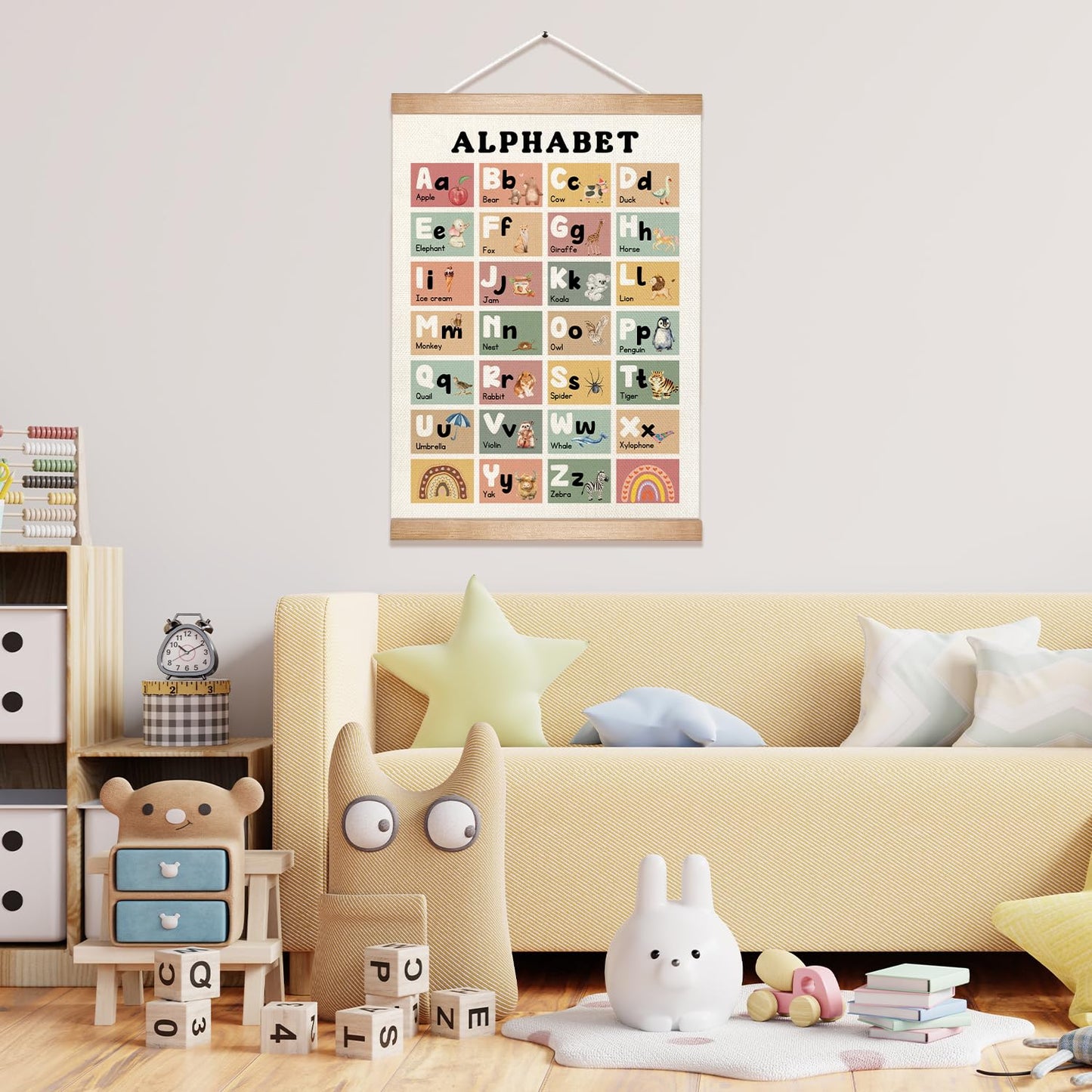 Educational Alphabet Chart Wall Art, 18.5x14Inch Colourful Alphabet Canvas Print Poster with Wooden Henger, Classroom Learning Posters, A-Z Letters Wall Art Decor for Nursery,Playroom and Home School