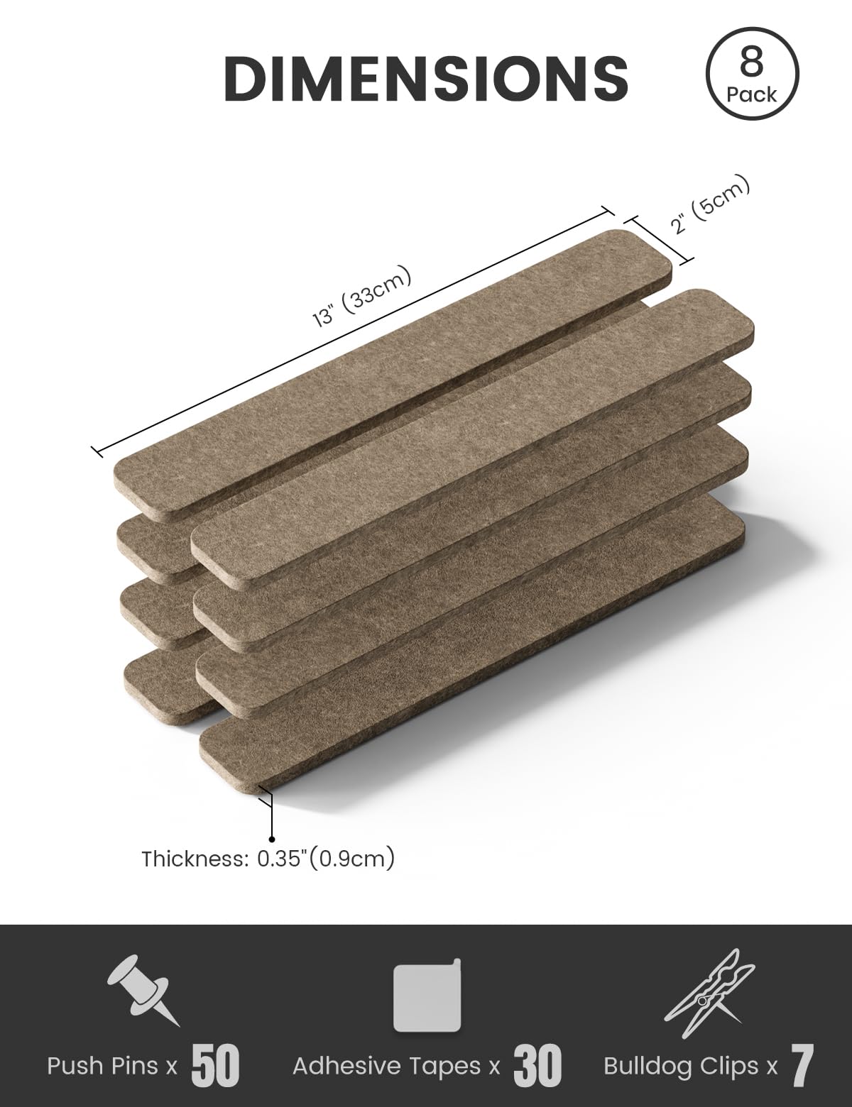 Fluxynara Cork Board Alternative Felt Strip Board 8-Pack 13"x2", Office Pin Board with 50 Push Pins, Adhesive Install for Bedroom Door & Home Office (Earth Brown)