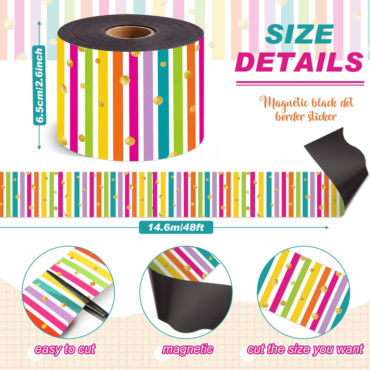 Tenceur 48 ft x 2.76 Inch Magnetic Borders for Whiteboard Decoration, Rainbow Polka Dot Stripes Magnetic Bulletin Board Border Set for Summer Classroom Office Chalkboard Poster Board Decor