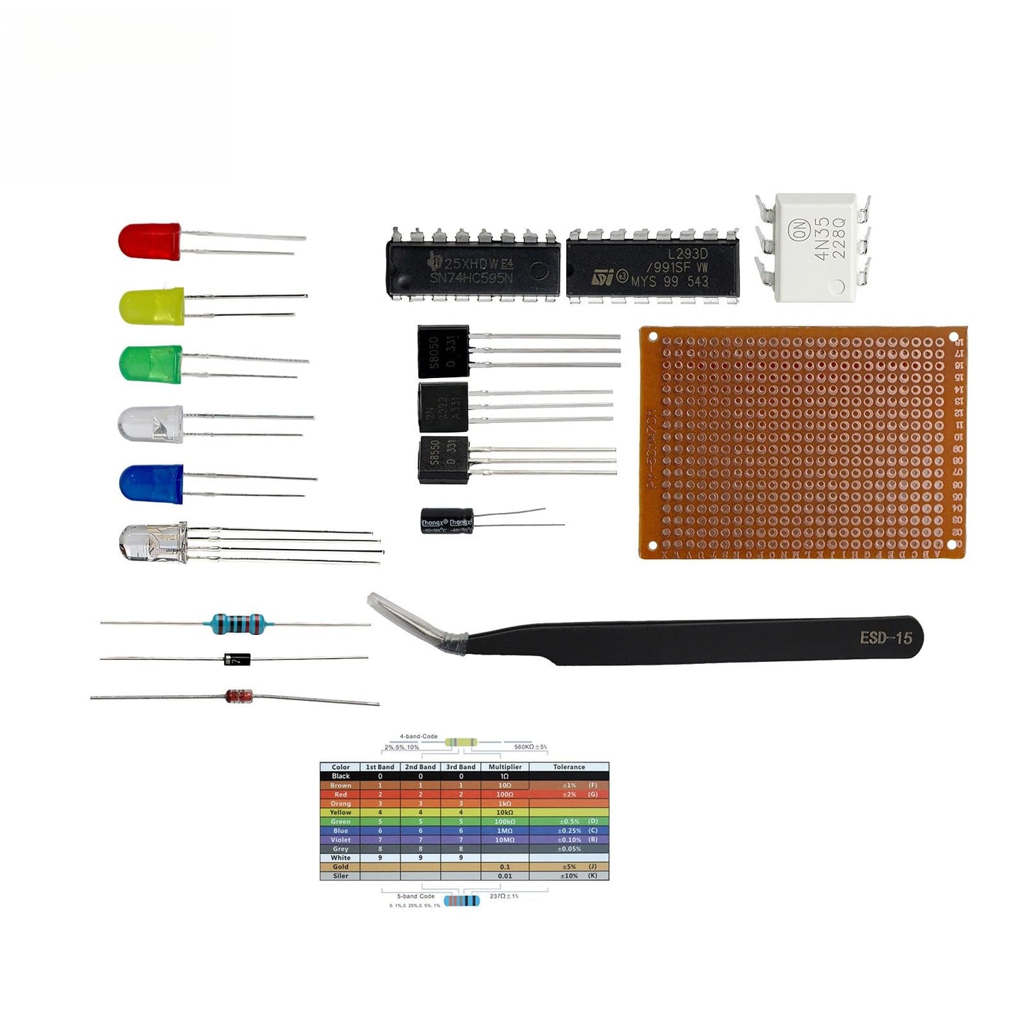 WOWOONE 805 Pcs Electronic Component Kit Compatible with Arduino, Raspberry Pi & STM32 | 4N35,74HC595,L293D,1% Resistors,RGB LEDs,5 PCB Boards,Storage Box for STEM DIY Projects