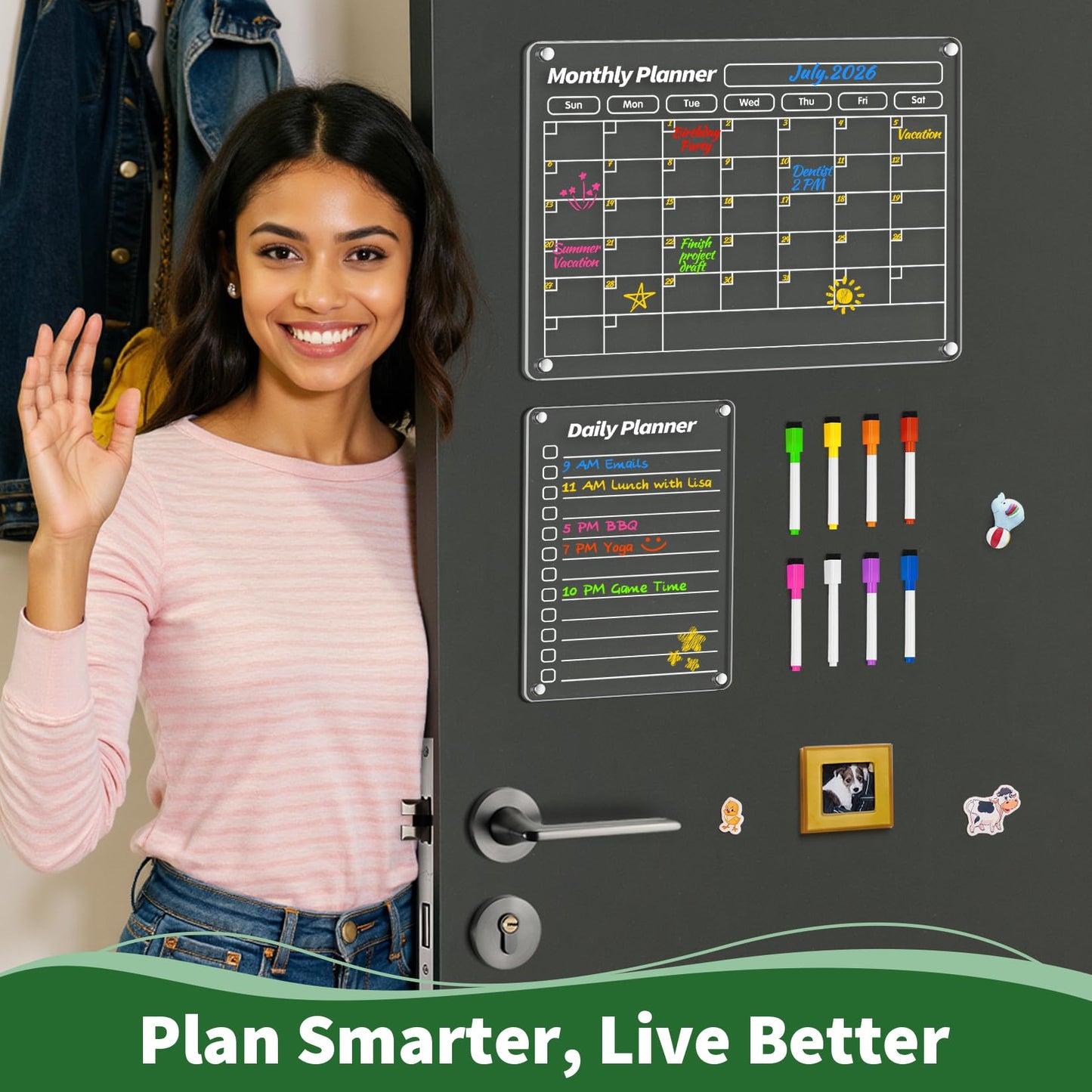 FINDMAG 4 Pack Acrylic Calendar for Fridge, 2026 Magnetic Calendar for Refrigerator, 16"x12" Dry Erase Whiteboard Planning Board Monthly Weekly Wall Fridge Calendar Board Menu Planner with 8 Markers