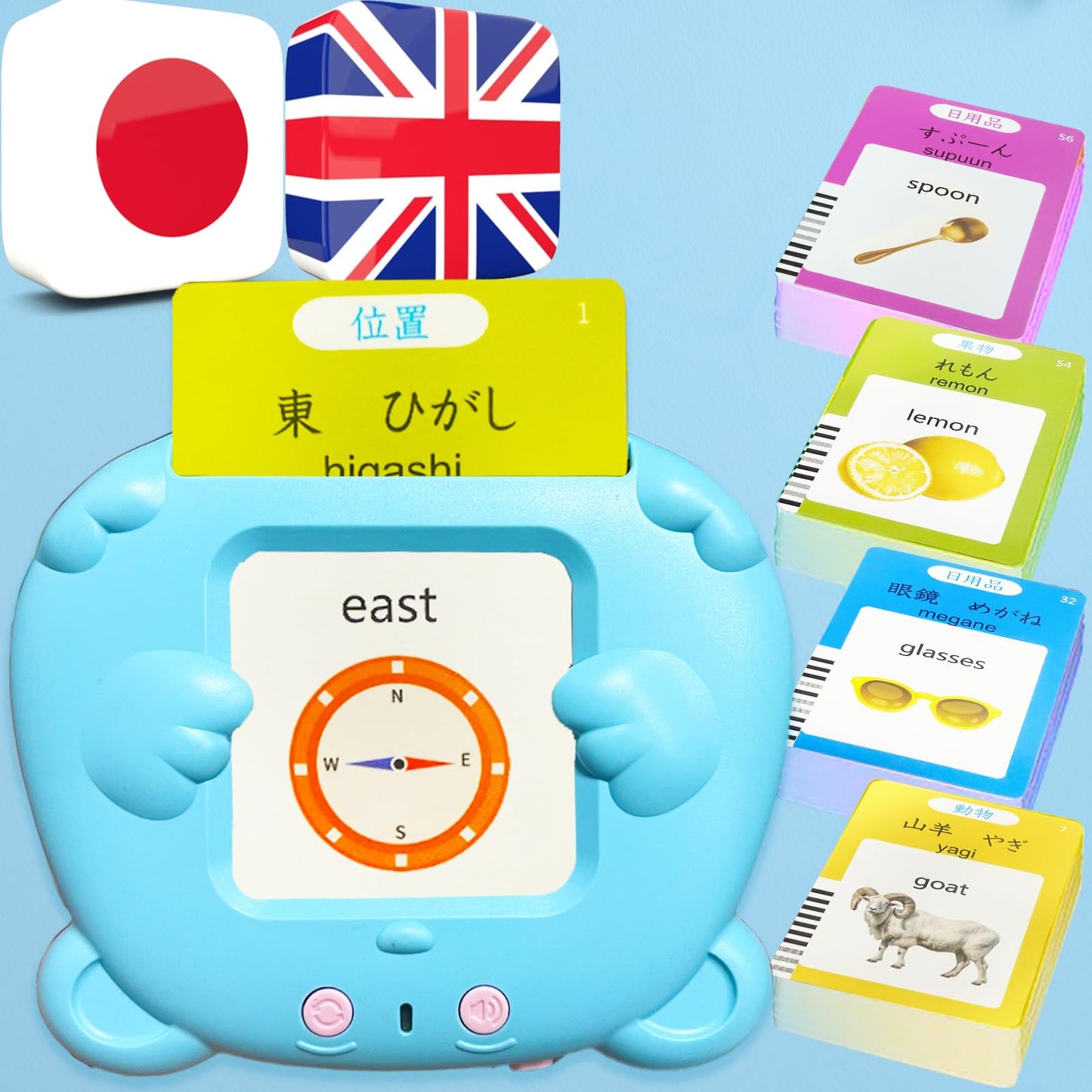 MoLingvora Bilingual Talking Flash Cards for Kids - Japanese English Flashcards Children Adults, 510 Sight Words, ABC Alphabet, Pocket Speech for Toddlers, Audible Sensory Toys (Japanese, Blue)