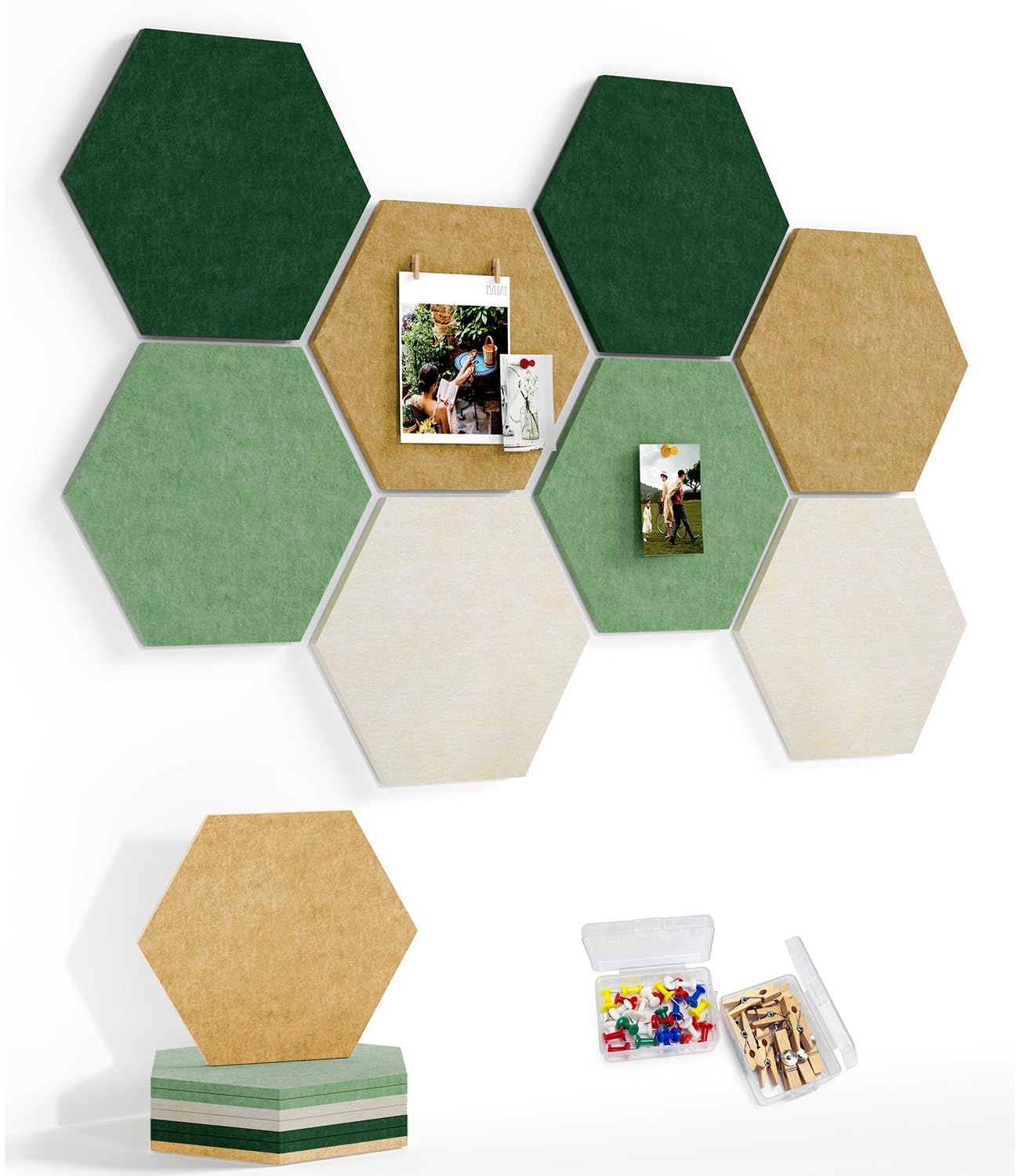 Uoisaiko 8 Pack Hexagon Felt Bulletin Board Tiles - 12" Large Thick Pin Board for Walls with 30 Push Pins, DIY Boards for Office Home School Decor, Aesthetic Hex Cork Board Alternative