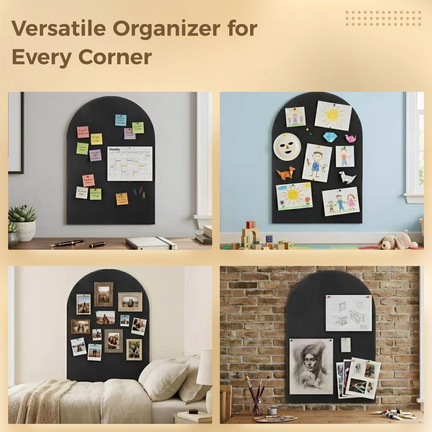 Arched Felt Bulletin Board - 47.2" x 31.5"x 0.31" Striped Cute Cork Boards with 30 Pushpins, Reusable Self-Adhesive Modular Panel for Office Home Decor & Photo Display (Black)