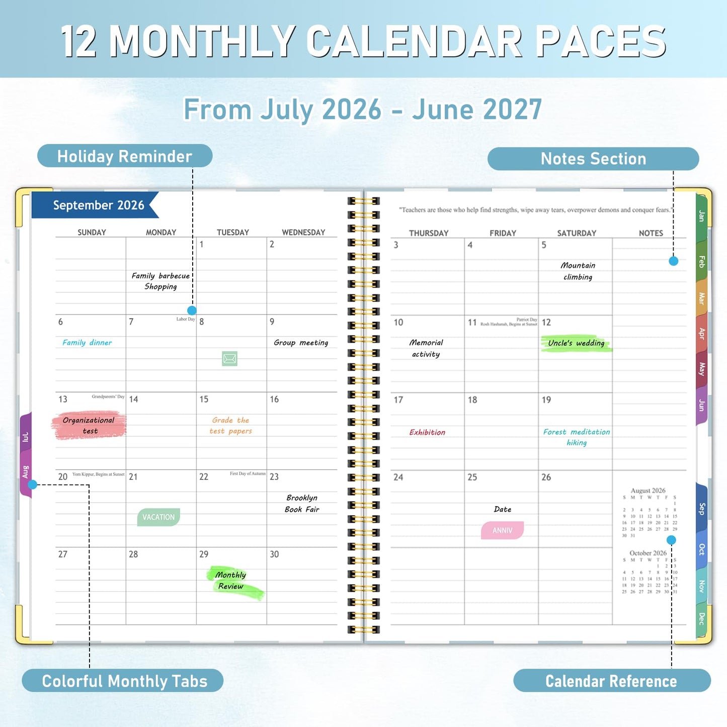Teacher Planner 2026-2027, Jul 2026-Jun 2027 Academic Year, 8.5" x 11" Lesson Planner Book for Teacher Calendar, Spiral Bound Planners, Colorful Monthly Tabs, Planning Stickers, BlueCheckered
