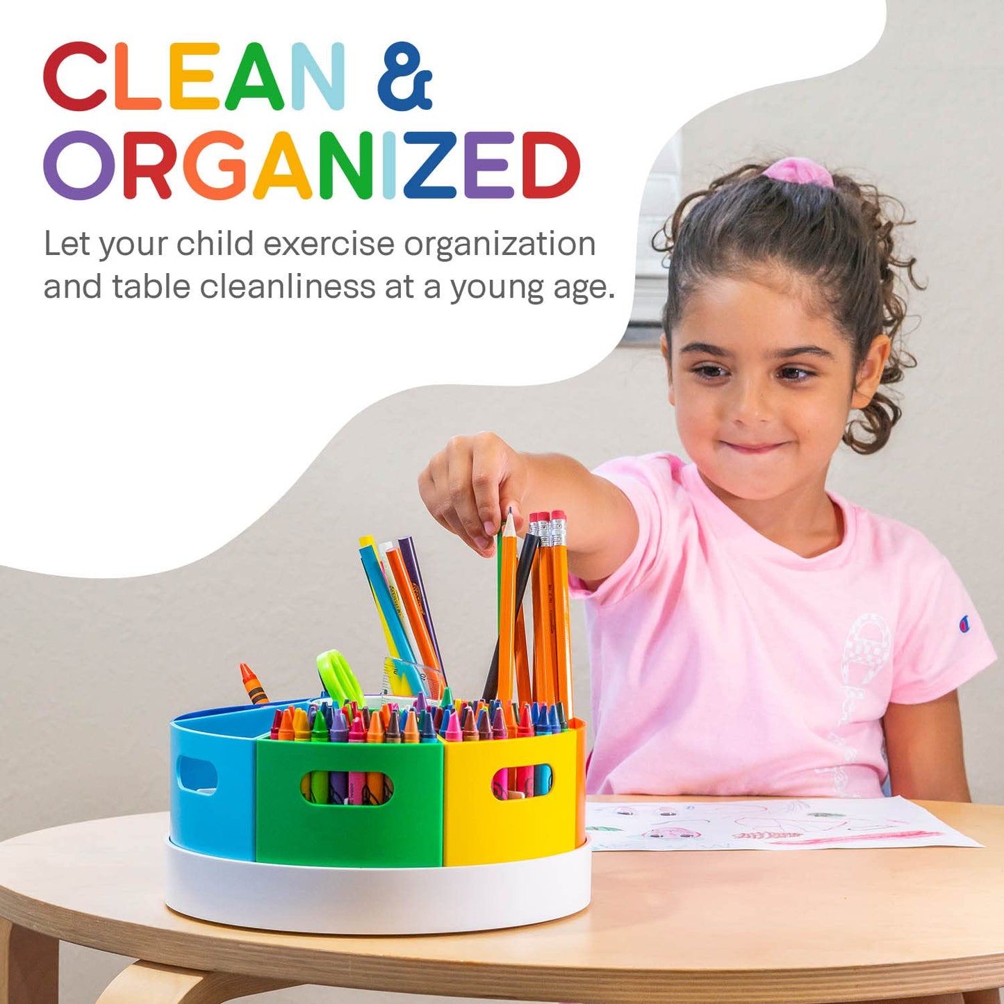 PUZZLE EZ 8.6" Desk Art Supply Organizer for Kids – Compact Rotating Lazy Susan Art Caddy with Dividers for Crayons, Markers & Pencils, Classroom Storage for Teachers Students Homeschool