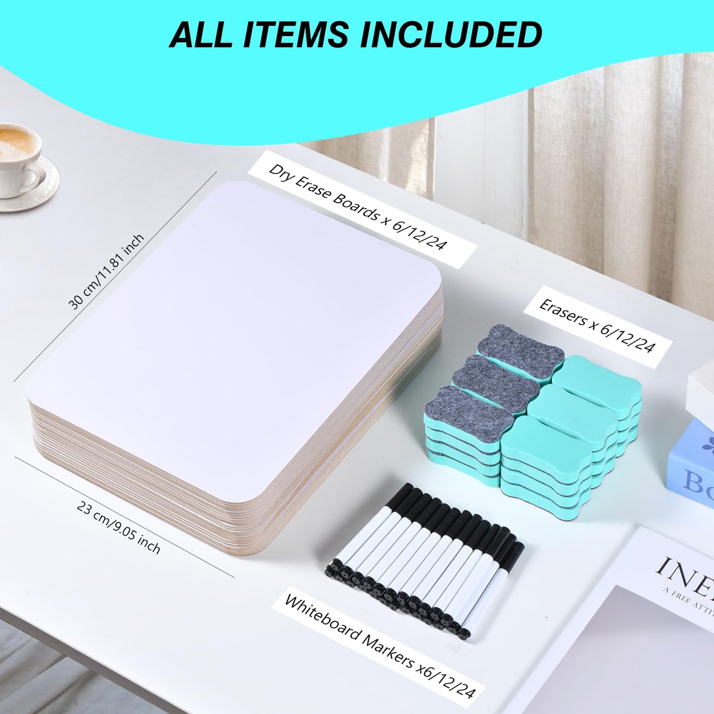 6 Pack Small White Board Dry Erase Boards Classroom Teachers Pack Mini White Boards 9" x12” Personal Whiteboards for School Students Supplies Lapboards l 6 Mini Erasers， 6 Makers Included (6)