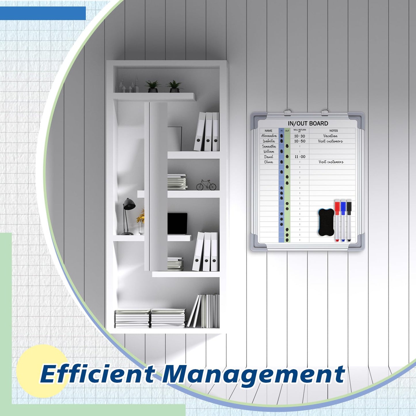 Lincia in and Out Magnetic Dry-Erase Board 16" x 12" Aluminum Framed White Board with Lines 21 Names with Magnetic Dry-Erase Marker, Eraser, and 20 Magnets Wall-Mounted for Office Employee