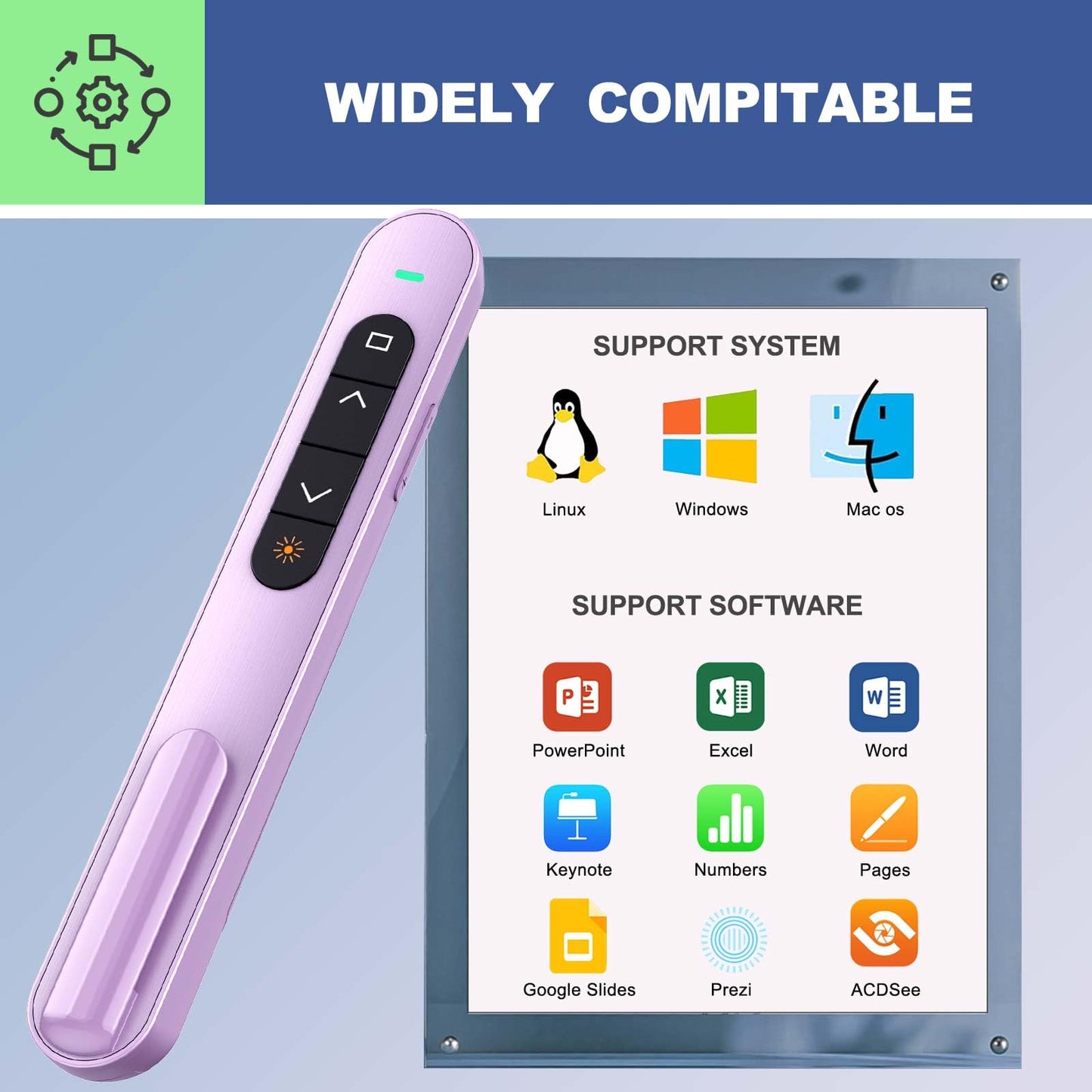 QUI 2 Pack Presentation Clicker, Hyperlink Volume Control Wireless Presenter, RF 2.4GHz USB Presentation Remote Control,PowerPoint Clicker Slide Advancer for Computer, Laptop, Mac (USB, Purple)