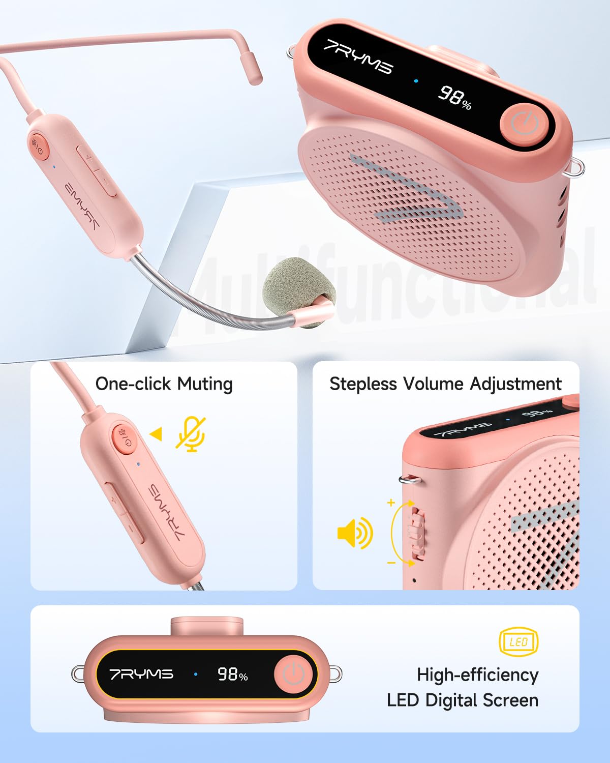 7RYMS WA1 Wireless Voice Amplifier with Headset Microphone for Teachers, Personal Power Amplifier with Noise Canceling, 164ft Range, 23H Working, Microphone Speaker for Teaching, Speech, Yoga(Pink)