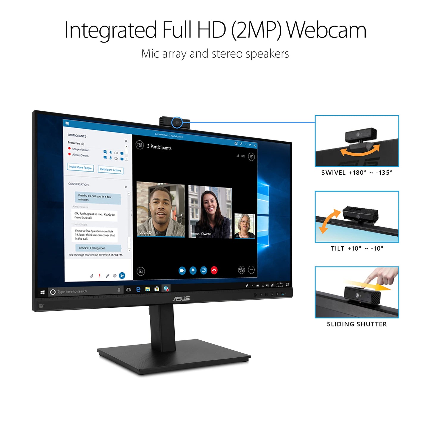 ASUS 27” 1080P Video Conference Monitor (BE279QSK) - Full HD, IPS, Built-in Adjustable 2MP Webcam, Mic Array, Speakers, Eye Care, Wall Mountable, Frameless, HDMI, DisplayPort, VGA, Height Adjustable