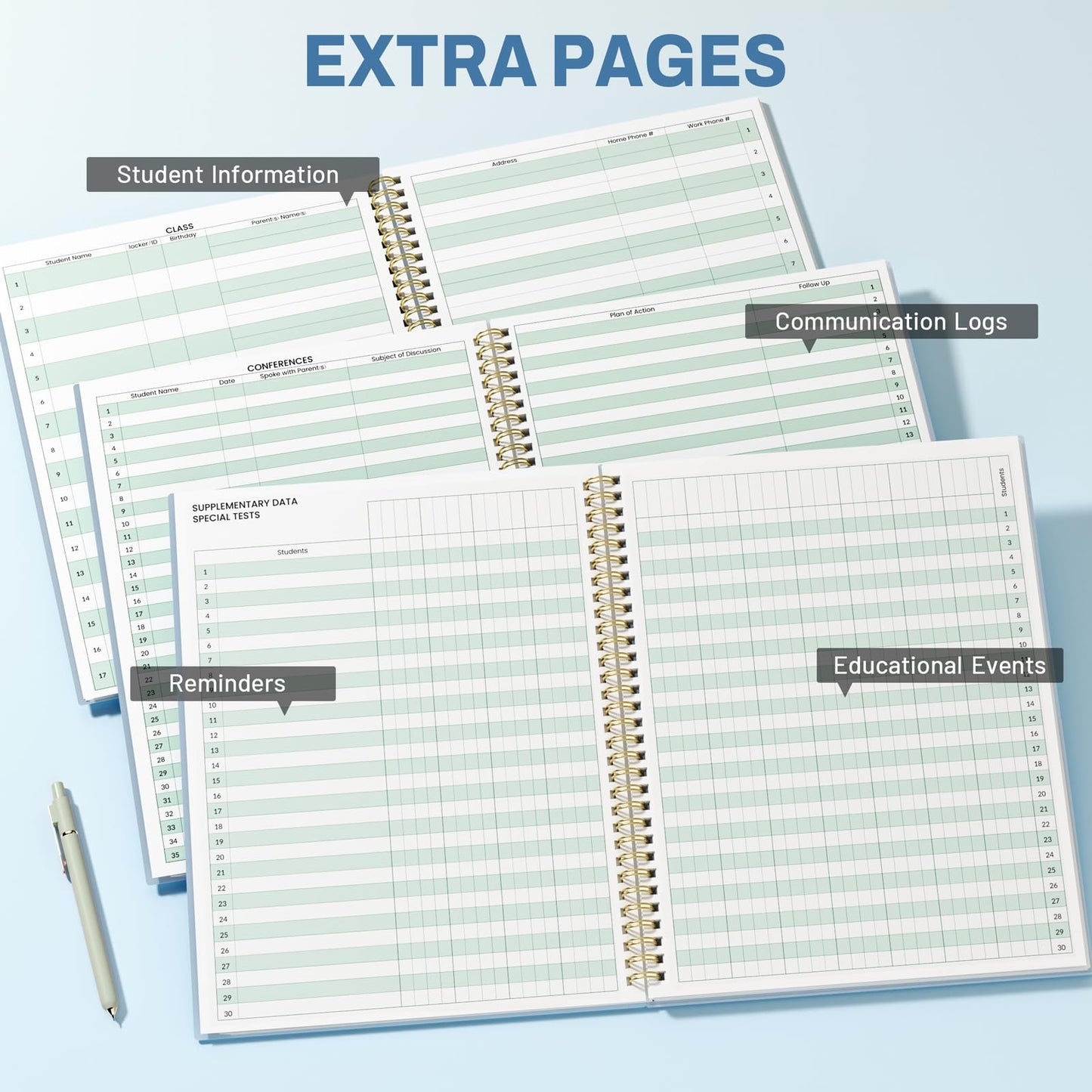 SUNEE 8 Period Teacher Lesson Plan Book - Days Vertically, Undated Teacher Planner 2026-2027 Academic Year, 8.5 x 11 Inch, 104 Pages/52 Sheets (40 Weeks), Waterproof Plastic Cover, Back Pocket, Blue