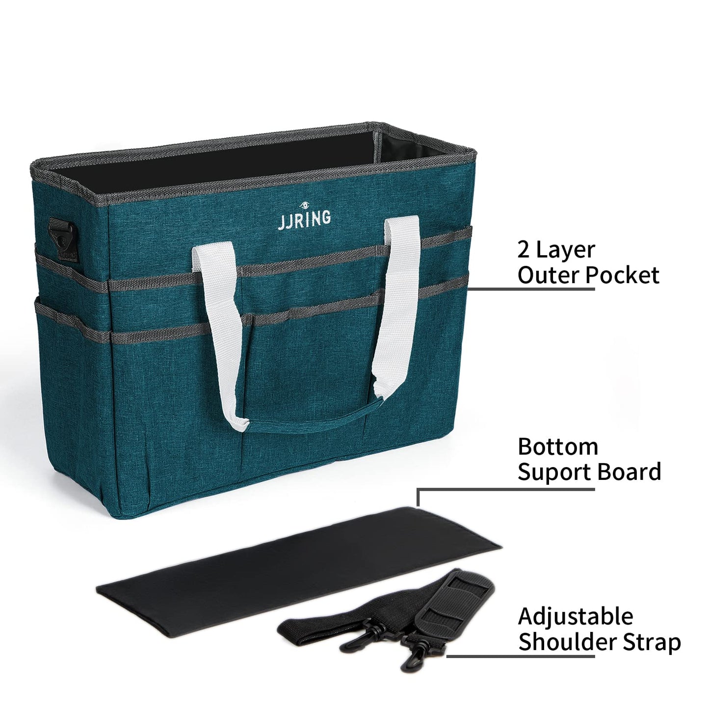 JJRING Craft Organizer Tote Bag, Large Art Storage Caddy with Multiple Pockets, Bluish Green Sewing Bag for Art, Craft, Scrapbooking, School, Medical, and Office Supplies Storage