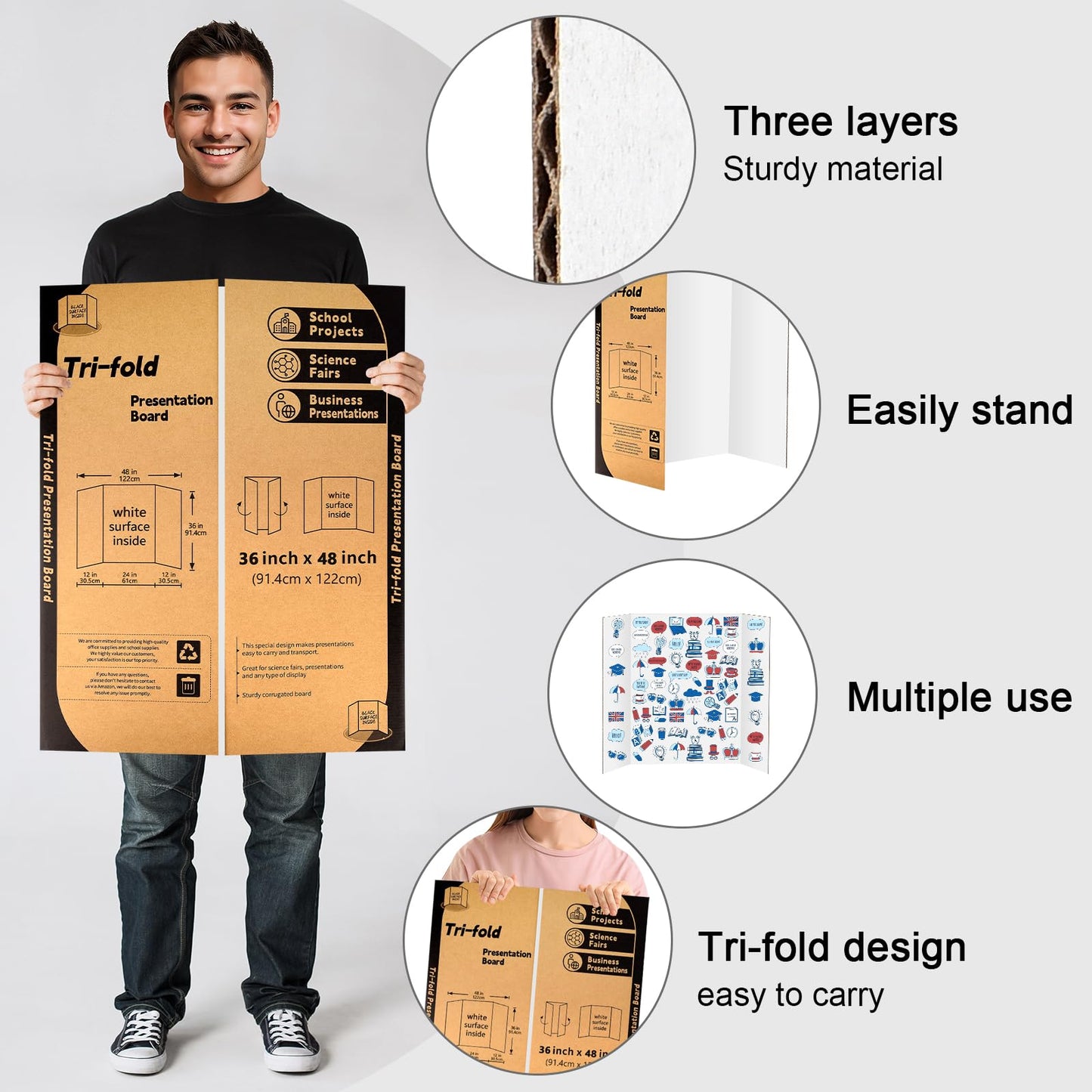 10 Pack Trifold Poster Board 48" X 36", IKAYAS Single Sided White Poster Boards, Science Fair Display Boards Posterboard for Mounting, Prints,Art,Display,Projects Classroom Supplies