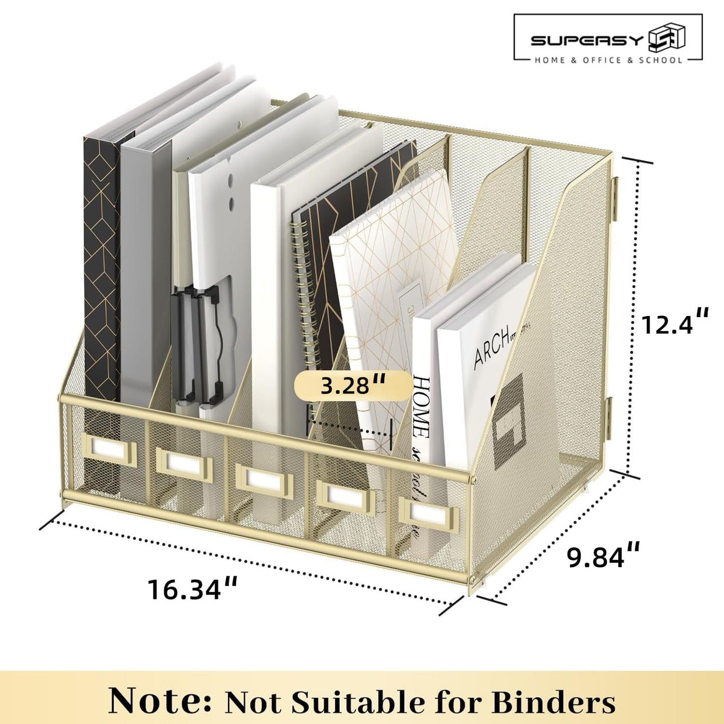 SUPEASY Desk Organizers Metal Desk Magazine File Holder with 5 Vertical Compartments Rack File Organizer for Office Desktop, Classroom, Home Workspace, Golden Yellow