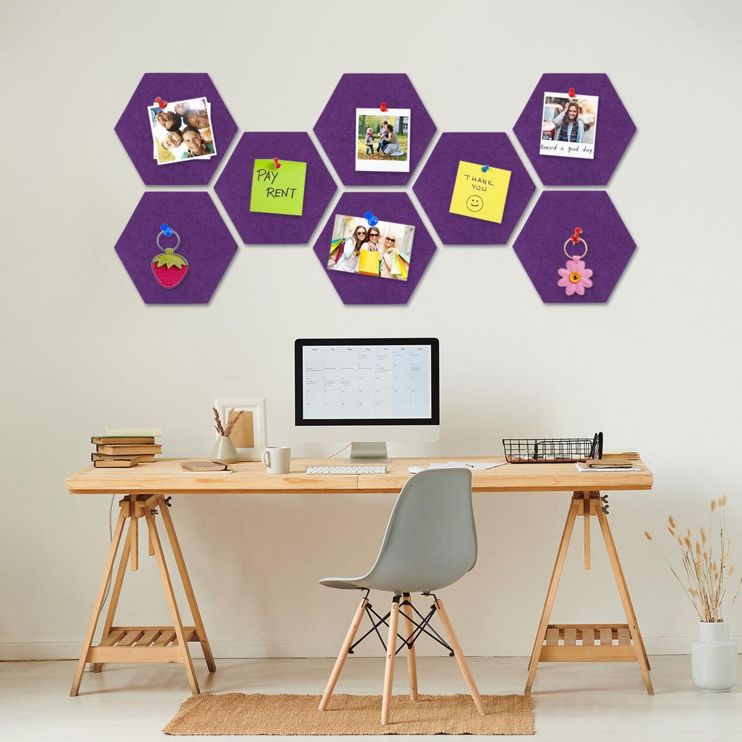 8 Packs Purple Hexagon Felt Pin Board, 12" Bulletin Board with 30 Push Pins, Felt Board for Home Kitchen Office Decor, Self-Adhesive Corkboard Tiles for Walls Classroom Message Photos Memos Display