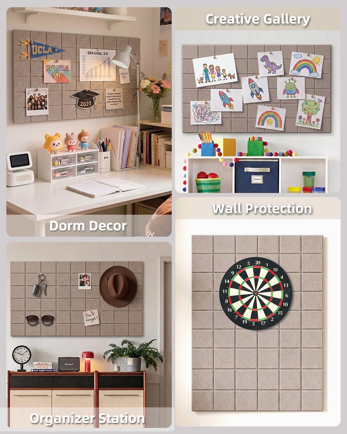 Large Felt Bulletin Board - 36" x 24" Self-Adhesive Felt Wall Tiles, Cork Boards Alternative, 6 Pack with 30 Wooden Push Pins, Cork Board for Walls, Office, Home & Classroom Decor, Pin Board - Camel