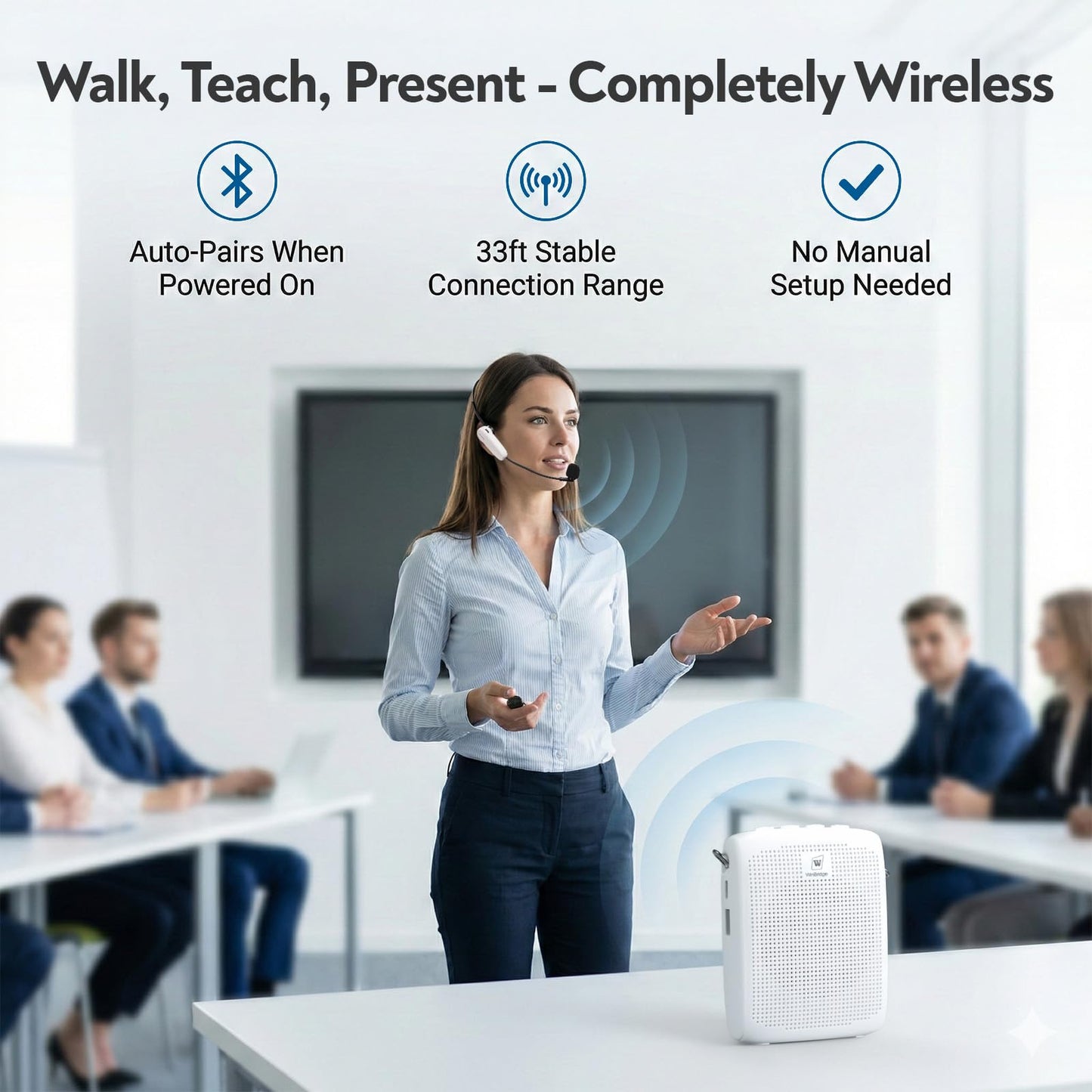 WinBridge Wireless Voice Amplifier -15W Bluetooth Headset Mic, Portable PA System for Teachers, Teacher Microphone for Classroom, 12-15H Battery, Small Presentation Speaker Sound Amplifier WB002 White