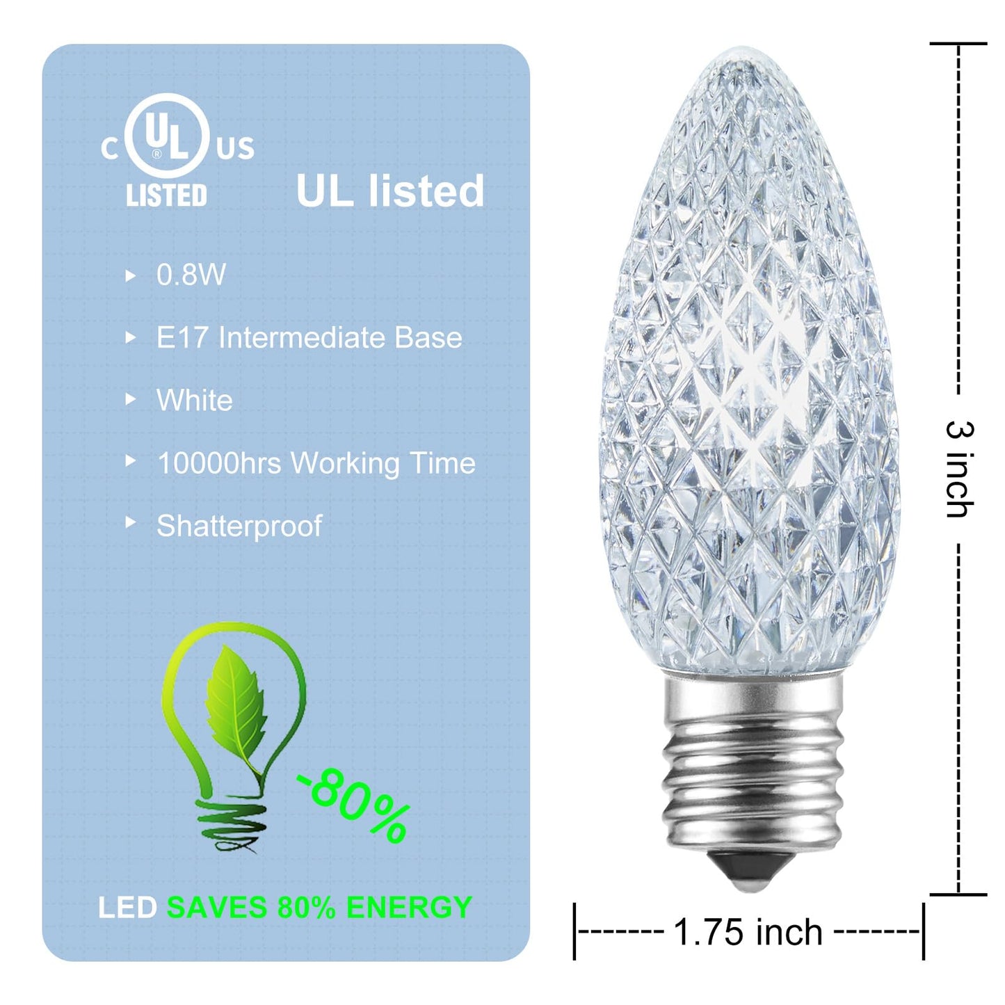 Minetom LED C9 Christmas Light Bulbs, 25 Pack, Dimmable, Blue and Pure White, Fits C9/E17 Base Sockets, Commercial Grade