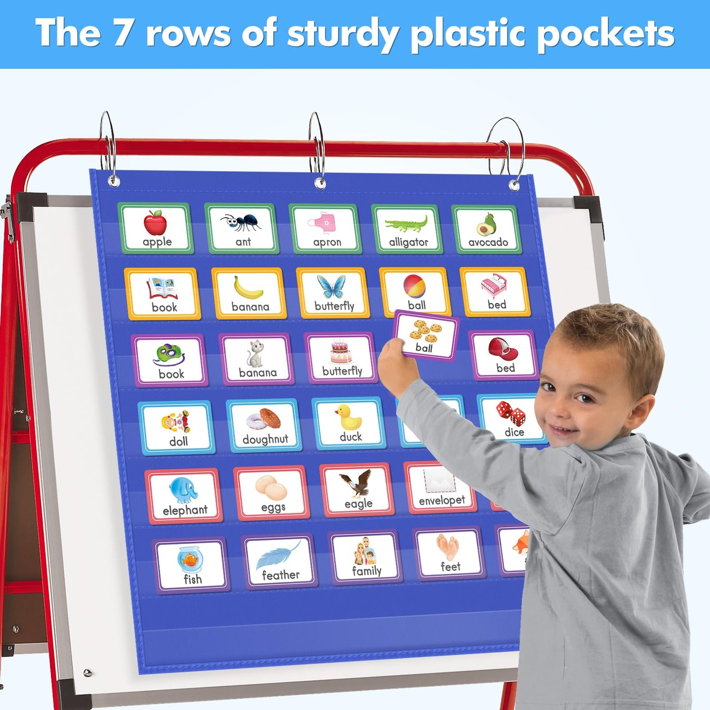 AUVCAS Standard Pocket Chart Clear 7 for Classroom & Home Heavy Duty Hanging Pocket Chart for Word Wall/Letter Cards/Sentence Strips 28Wx28L,Blue
