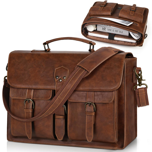RAINSMORE Messenger Bag for Men 18 Inch Vintage Leather Laptop Briefcase Large Laptop Bag Waterproof Computer Satchel for Office Work Travel College, Brown