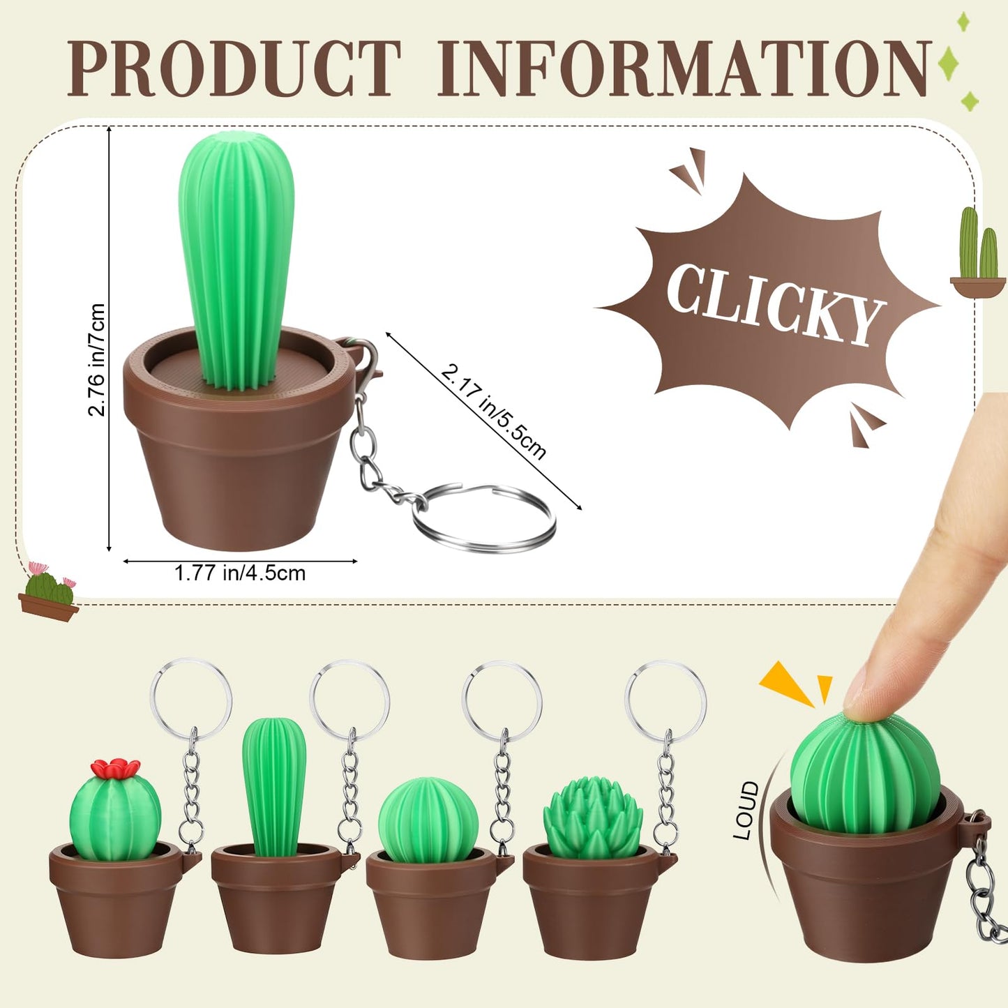 Kenning 12 Pcs Cactus Clicker Fidget Keychain Bulk, 3D Sensory Clicker Fidget Keychain Stress Relief Gifts for Adults Coworkers Employees Cinco De Mayo Mexican Fiesta Party Favors