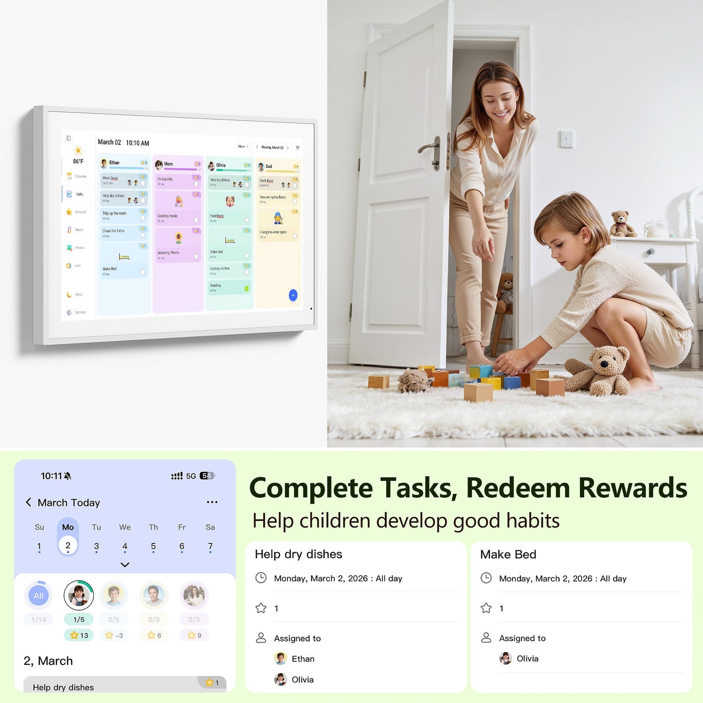 Digital Calendar, 15.6 Inch Wall Planner Electronic Calendar & Chore Chart, Smart Touchscreen Interactive Display for Family Schedules, Great for Organizing Your Routines, Wall & Desk Mountable