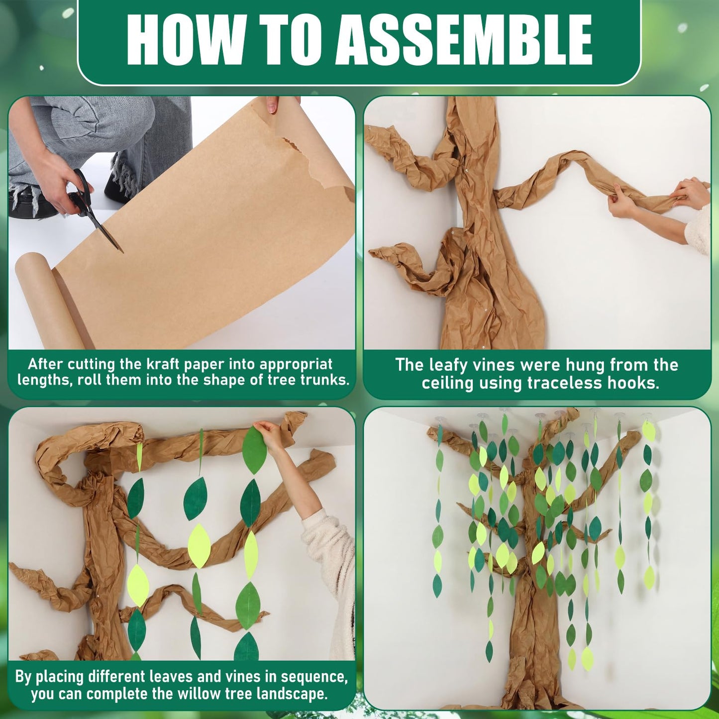 Suncalla Classroom Tree Bulletin Board Set DIY 3D Classroom Ceiling Wall Decor with Kraft Paper & Mounted Traceless Hooks for Jungle Safari Hawaiian Luau Party Supplies(Willow)