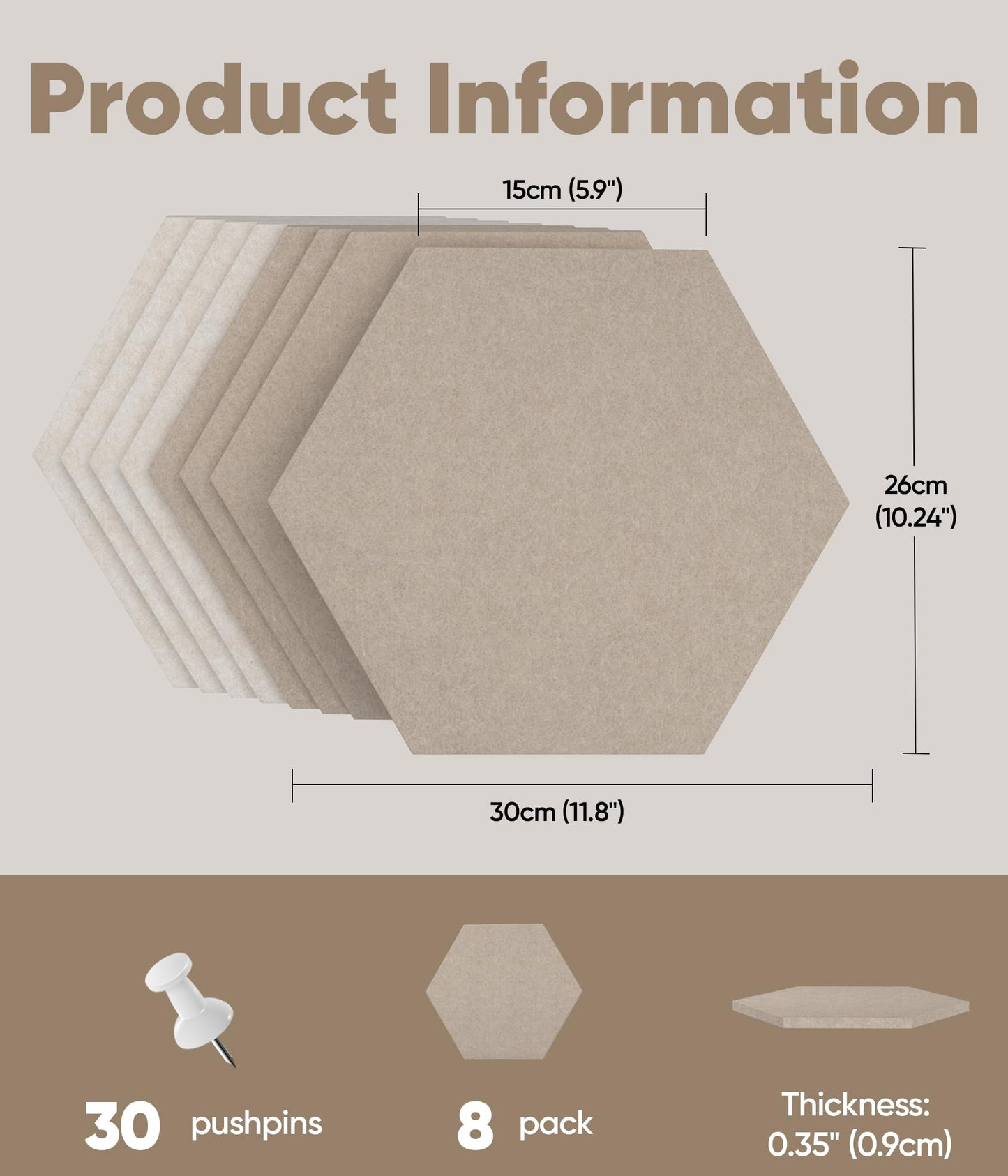 Toptople 12 Inch Large Hexagon Cork Board for Walls, 8 Pack Felt Bulletin Board Tiles, Pin Board with Push Pins for Office Photo and Note, Tan Mix