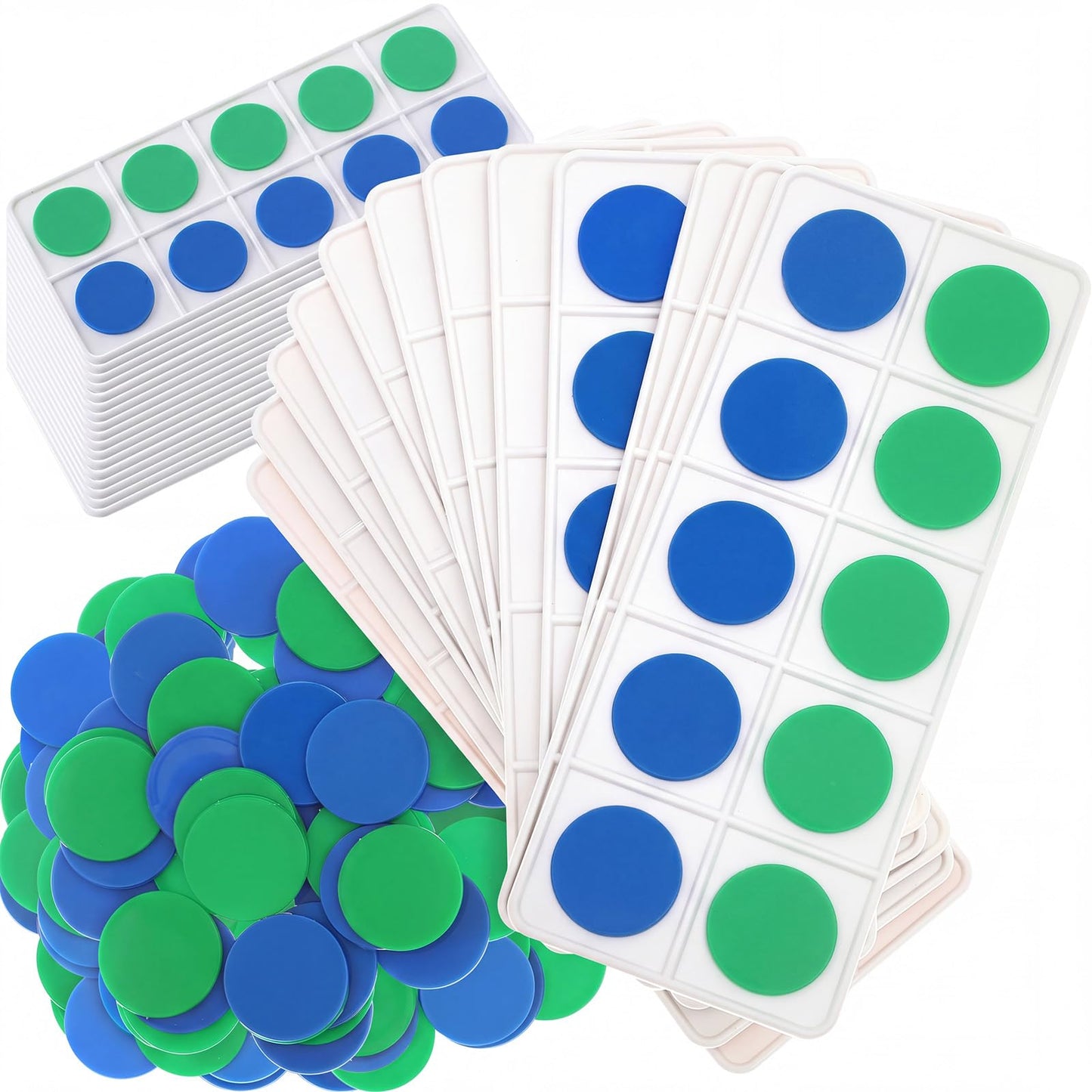 Soulchen 48 Sets Plastic Ten Frames for Classroom Math Manipulatives for Kids Classroom Math Counters Supplies Including 48 Plastic Ten Frames, 480 Counters for Teach Number Concepts (Blue, Green)