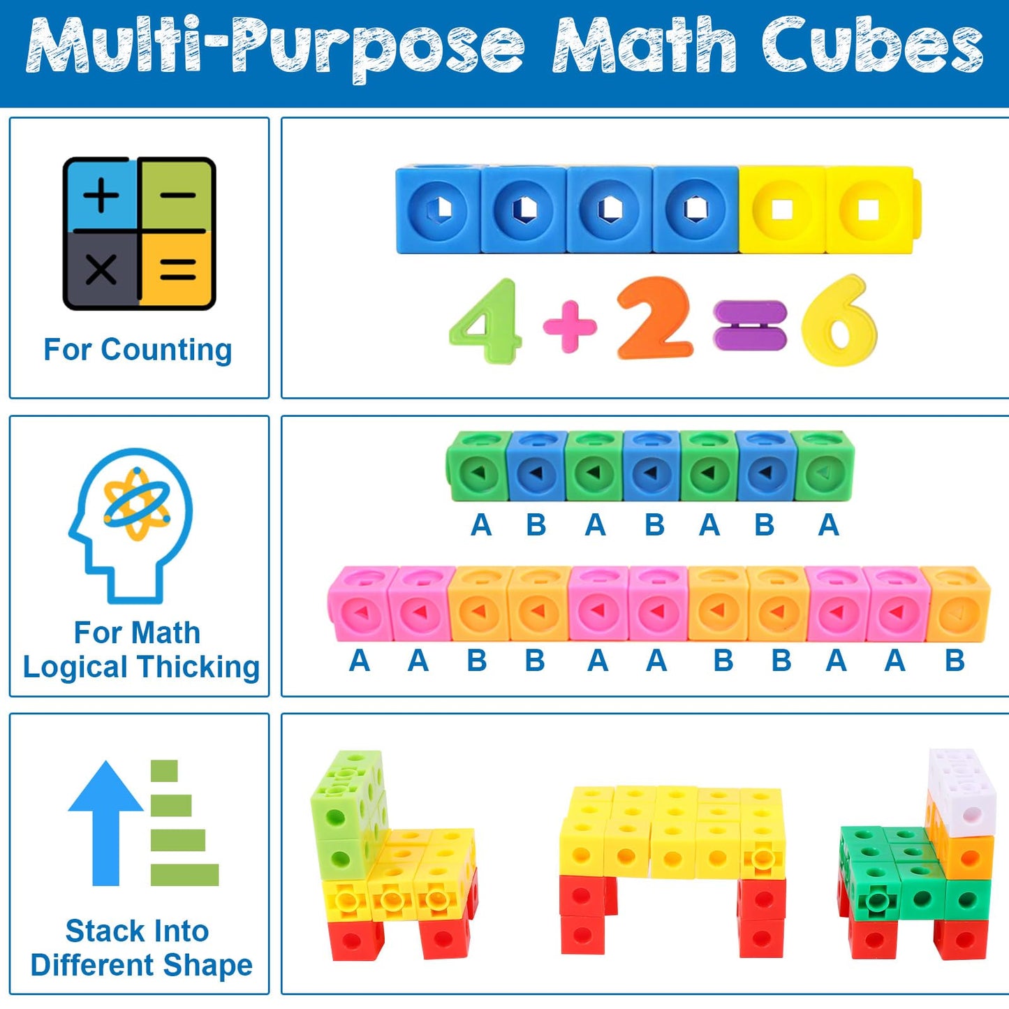 Libima 318 Pcs Math Counting Cubes Linking Counting Blocks with Stem Cards Building Block Linking Cube Connecting Manipulatives Preschool Math Counter Games Back to School Supplies