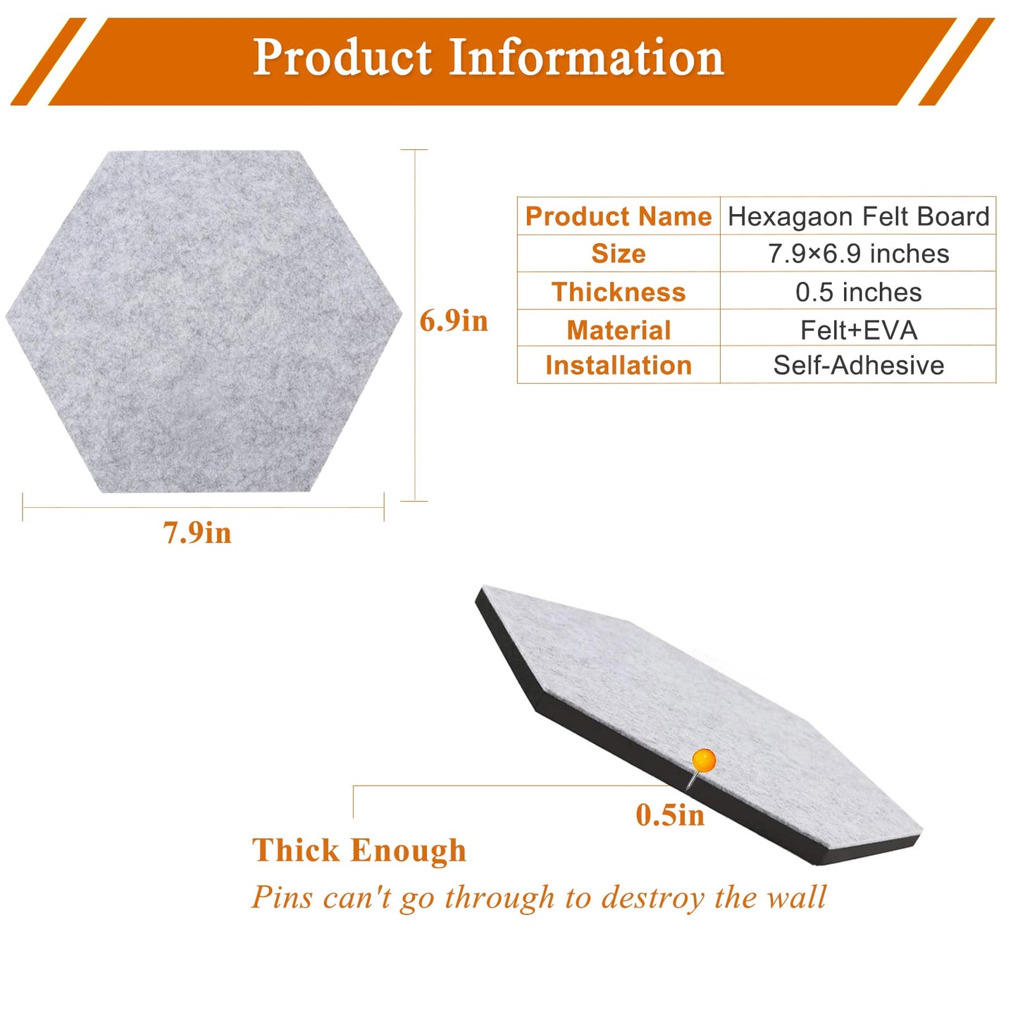 HULAVO 8Pcs Hexagon Felt Cork Board Tiles, Self Adhesive DIY Bulletin Board Pin Board for Office School Home Wall Decor Memos Photos Display (Light Grey)