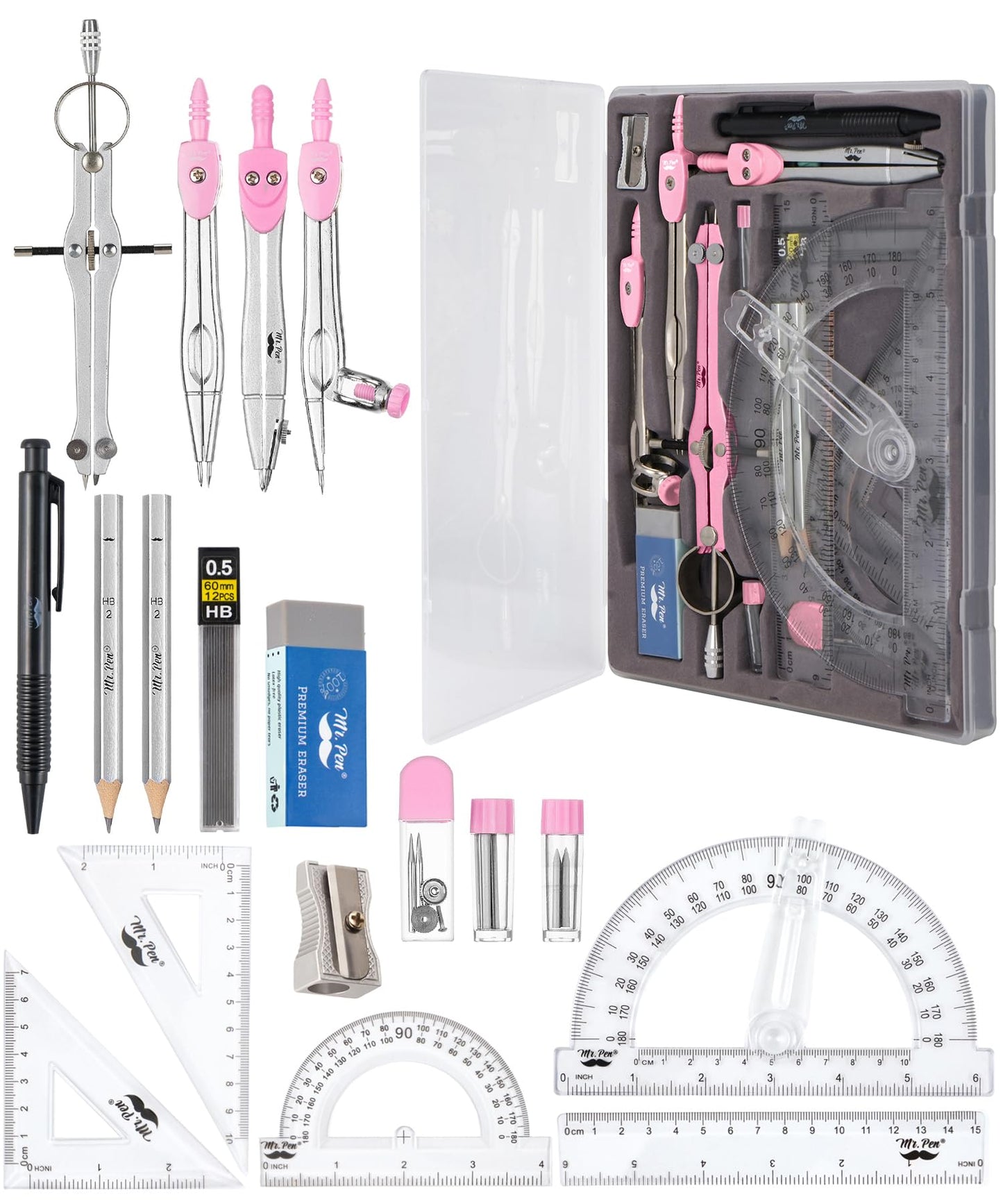 Mr. Pen- Geometry Set, 15 pcs, Pink, 6 Inch Swing Arm Protractor, Divider, Set Squares, Ruler, Compasses and Protractor