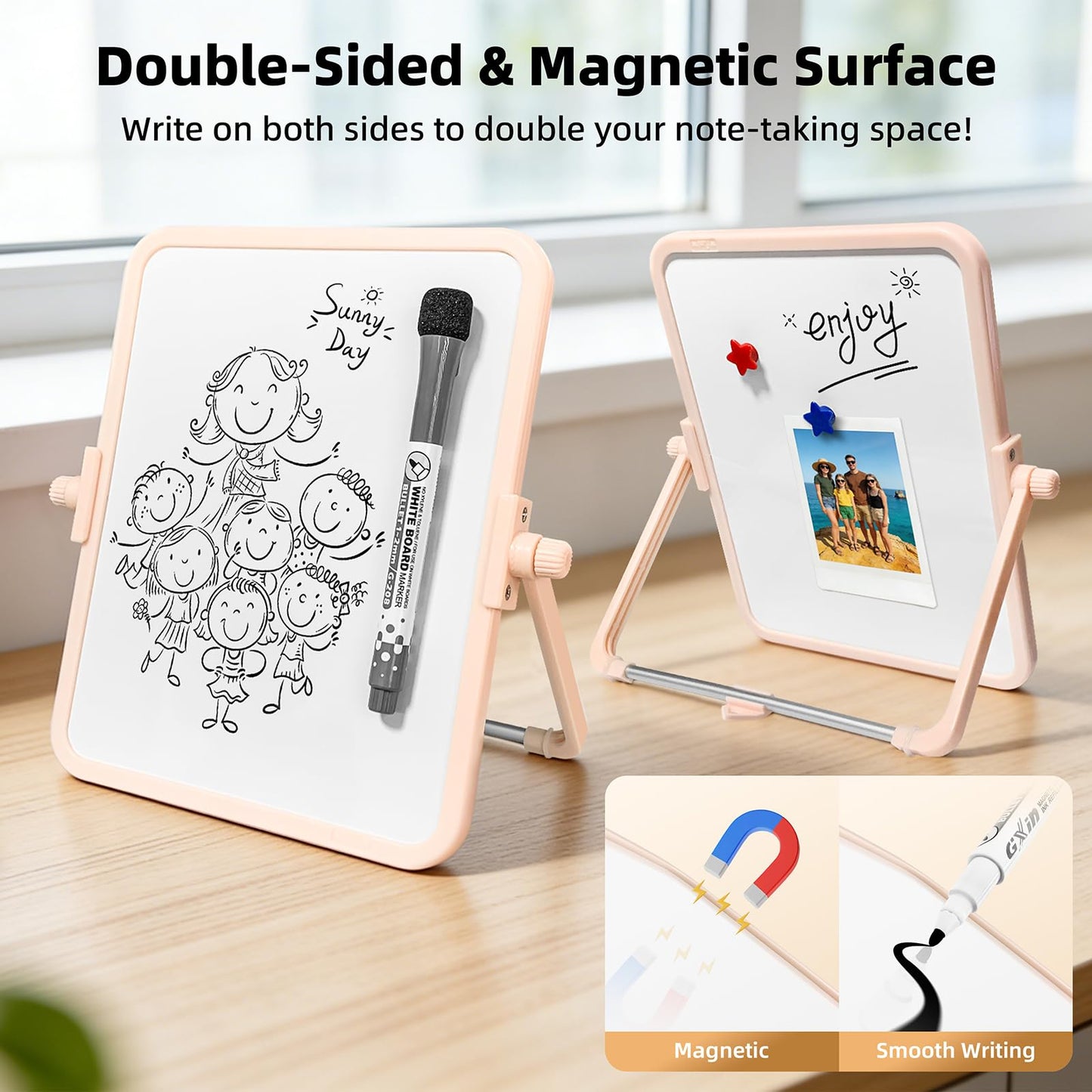 FUNISKETCH Colorful Dry Erase White Board 6.7x8.4in, Magnetic Desktop Board with Stand, 2 Markers (Eraser Head), 4 Magnets - Double-Sided Easel for Daily Planning, Memo, Office/Home/School (Pink)