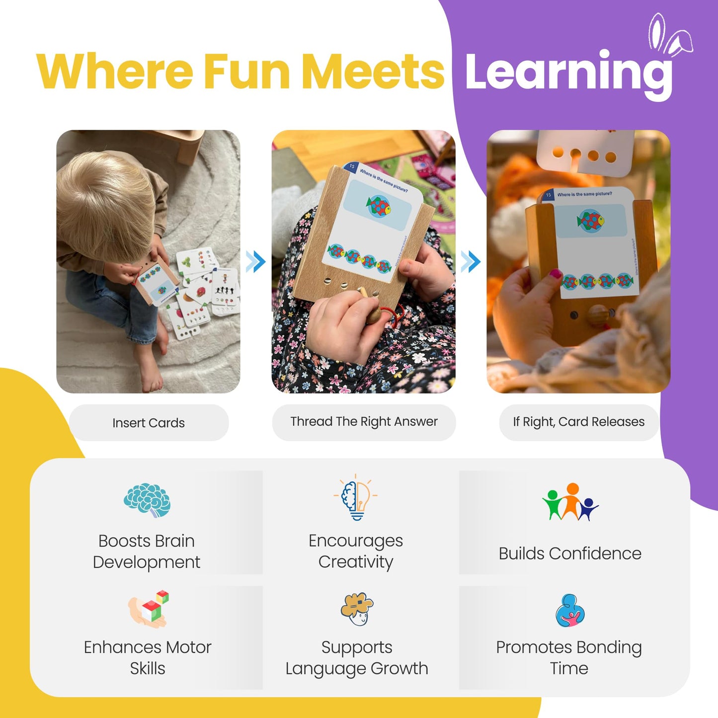 Puncho Educational Screen-Free 144 Flash Cards with 288 Learning Exercises – Wooden Montessori Matching Game for Toddlers – Mechanical Sensory Toy with 6 Card Sets & Self-Correcting Box – Kids Ages 5+