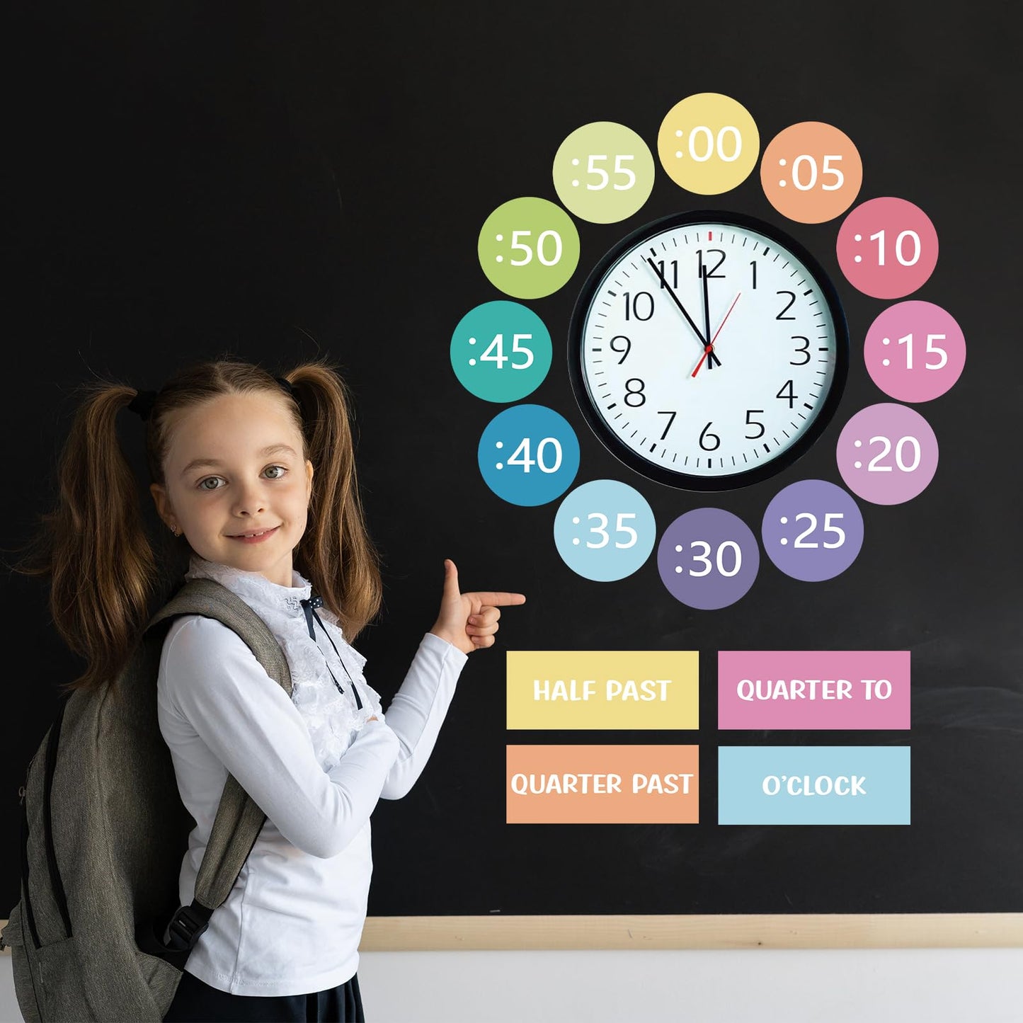 Sereliy Clock Numbers Bulletin Board Kits, Paper Telling Time Teaching Clock for Kids Labels, Learning to Tell Time Cutouts for Elementary Math Classroom Must Haves (Colorful)