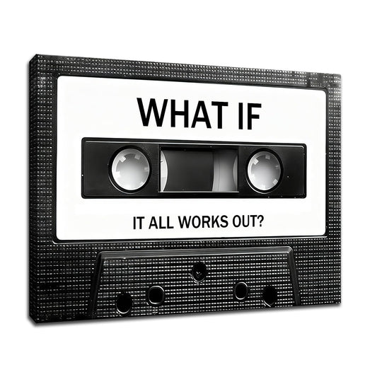 DINGFUN Vintage Cassette Tape Wall Art, What If It All Works Out Inspirational Quote Canvas Print, Framed Retro Music Poster for Home Office Living Room Decor, Positive Affirmation, 24x18 Inch