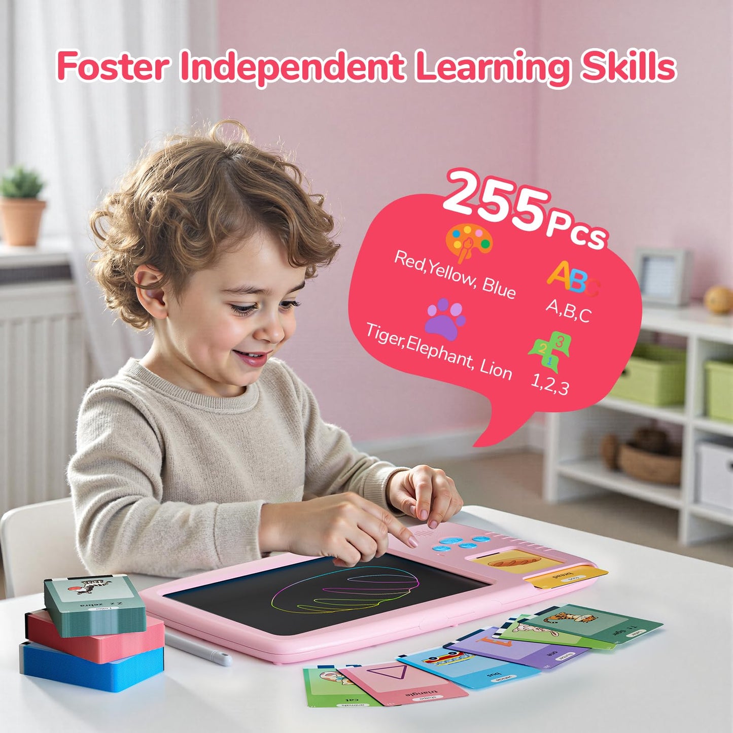 ZONSTVYS Talking Flash Cards for Toddlers: 2-in-1 LCD Writing Tablet with 510 Sight Words, Montessori Language Learning, Autism & Speech Therapy Toys for Children Ages 1-6, Pink