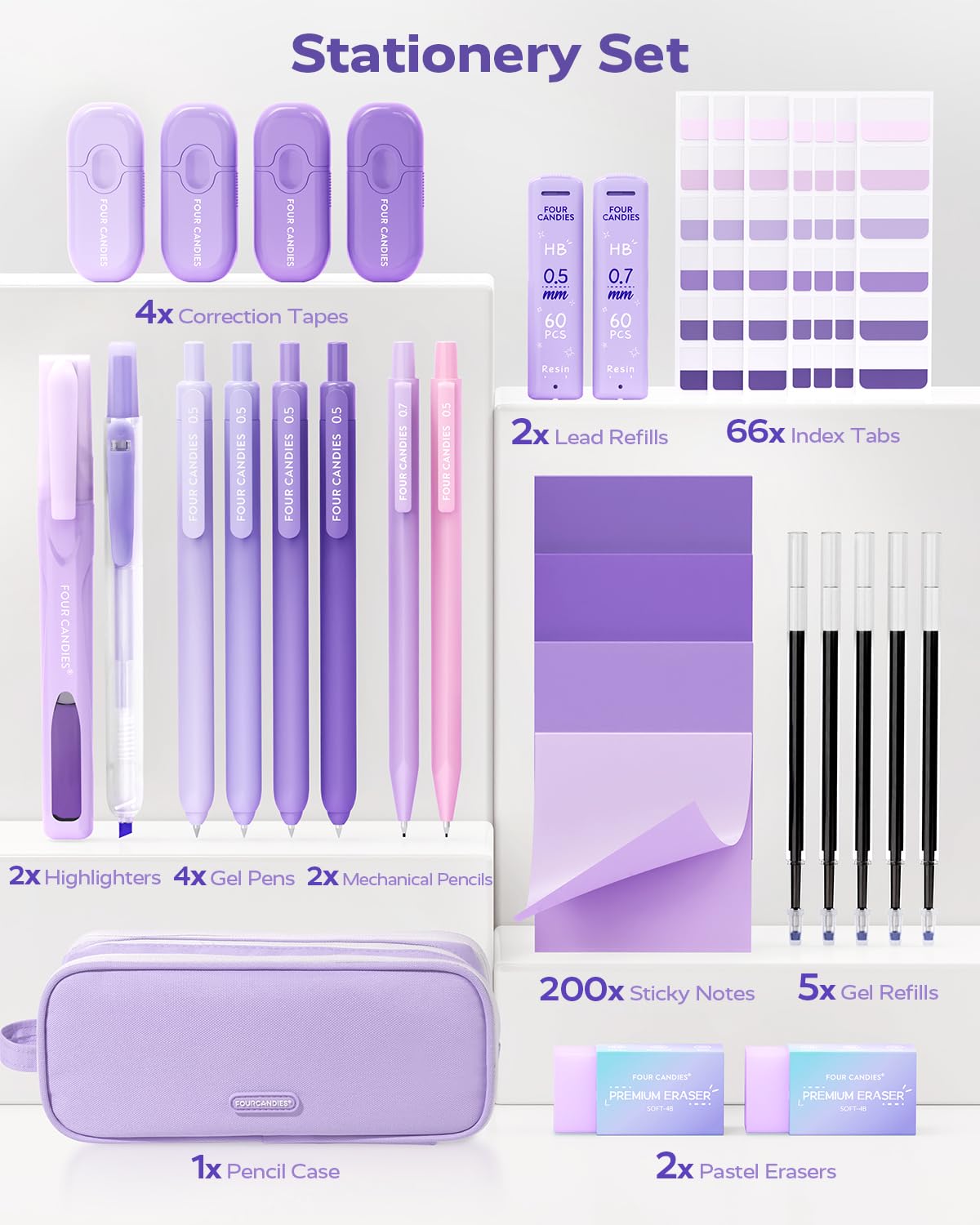 Four Candies Purple College Supplies and Nursing Essentials with Organizer, Gel Pens with Black Ink,Correction Tapes,Pastel Highlighters, Mechanical Pencils, Sticky Notes, Index Post