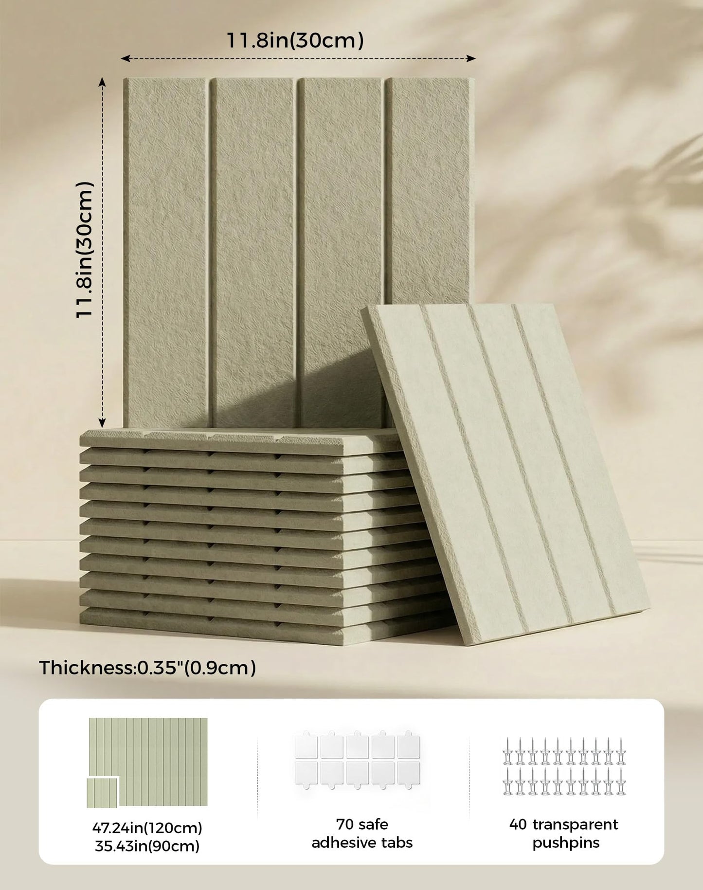 Aothia 12-Pack Felt Bulletin Board Tiles, 48x36 Modular Pin Board for Walls, 0.2" Thick Cork Board Alternative for Office & Classroom, 70 Adhesive Tabs & 40 Pushpins Included(Sage Green)